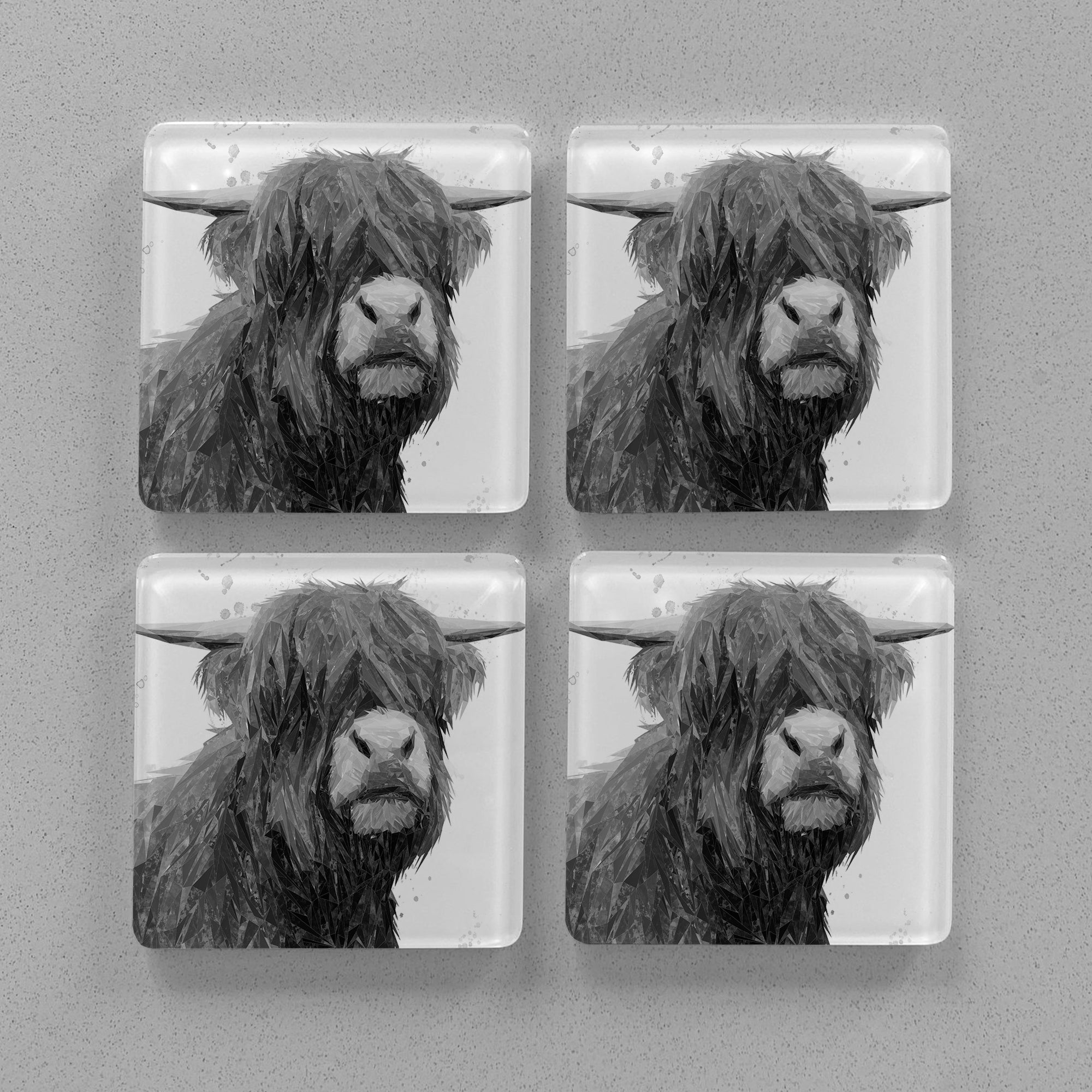 "Henry" The Highland Bull (B&W) Premium Glass Coasters