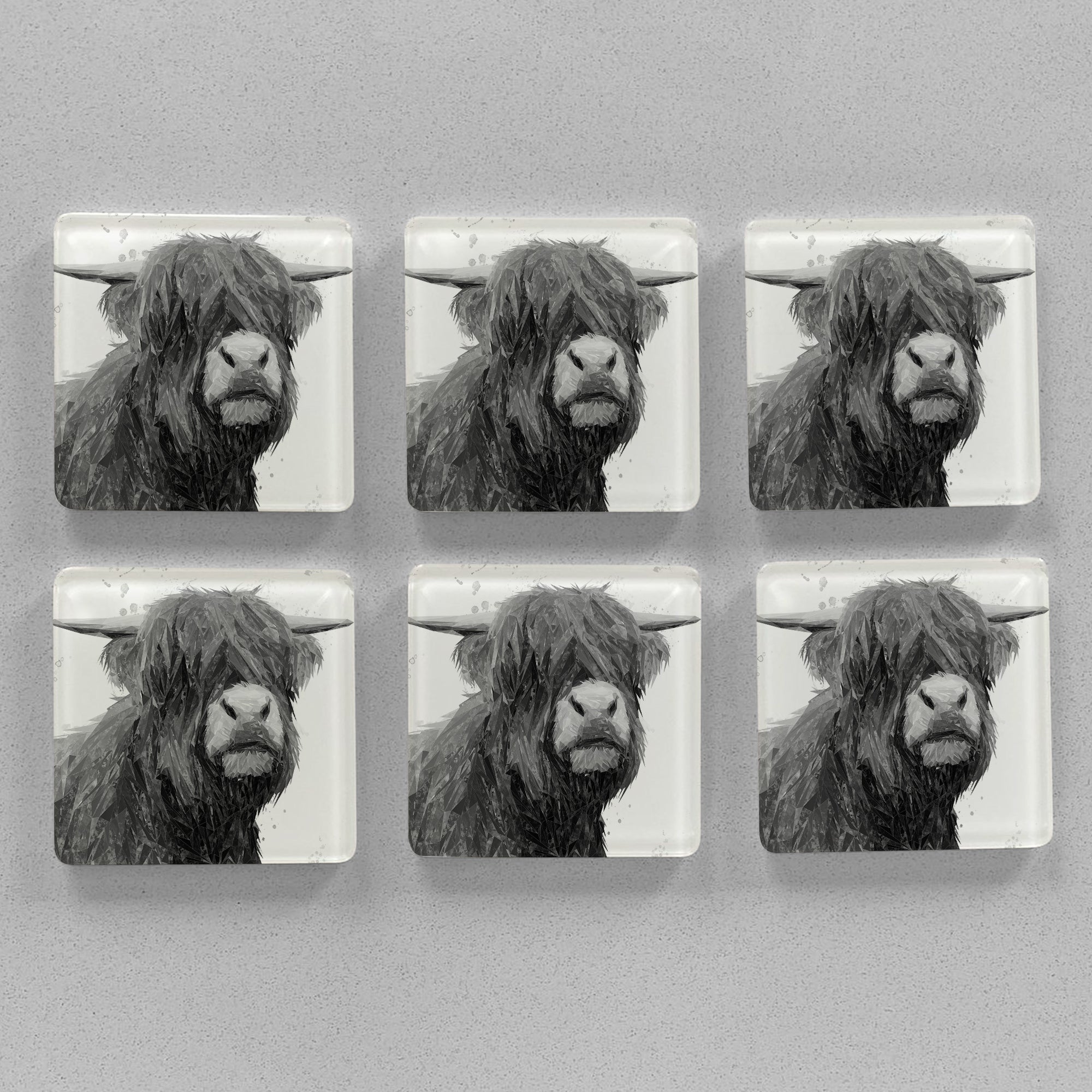 "Henry" The Highland Bull (B&W) Premium Glass Coasters