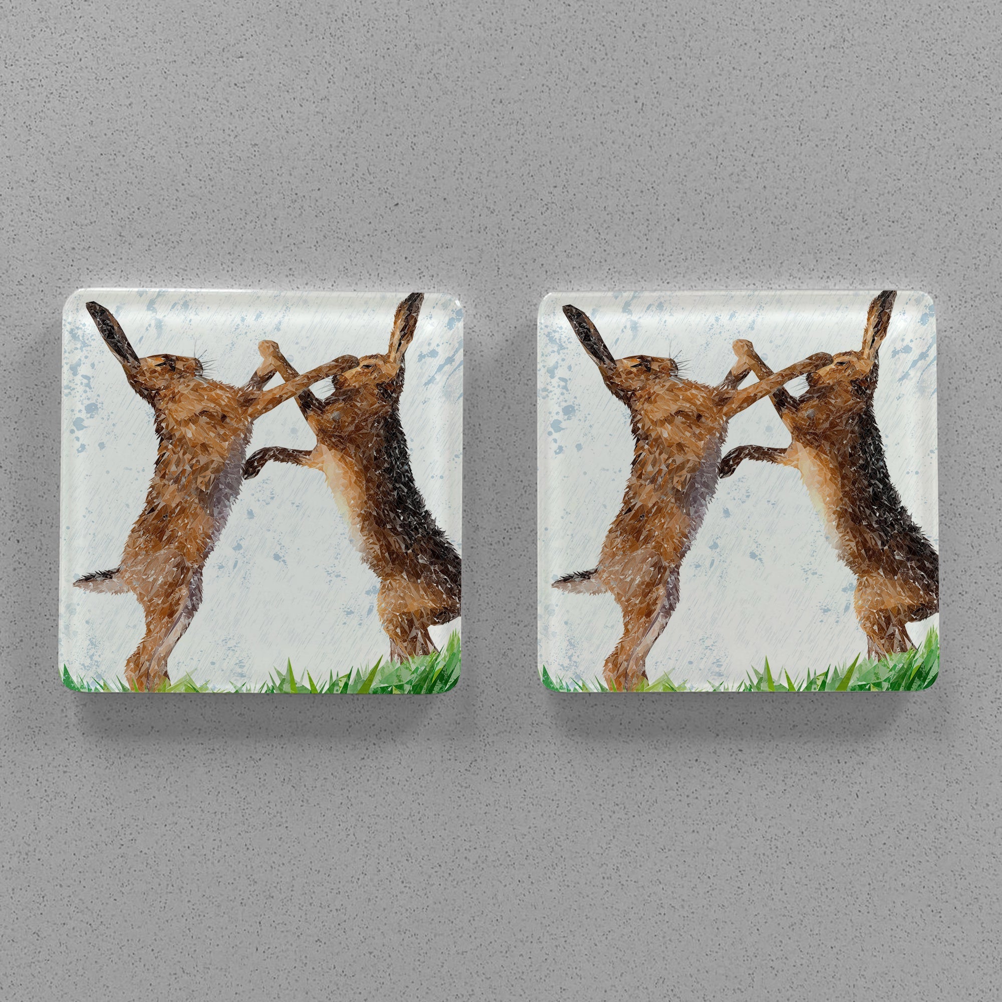 "The Standoff" Fighting Hares Premium Glass Coasters