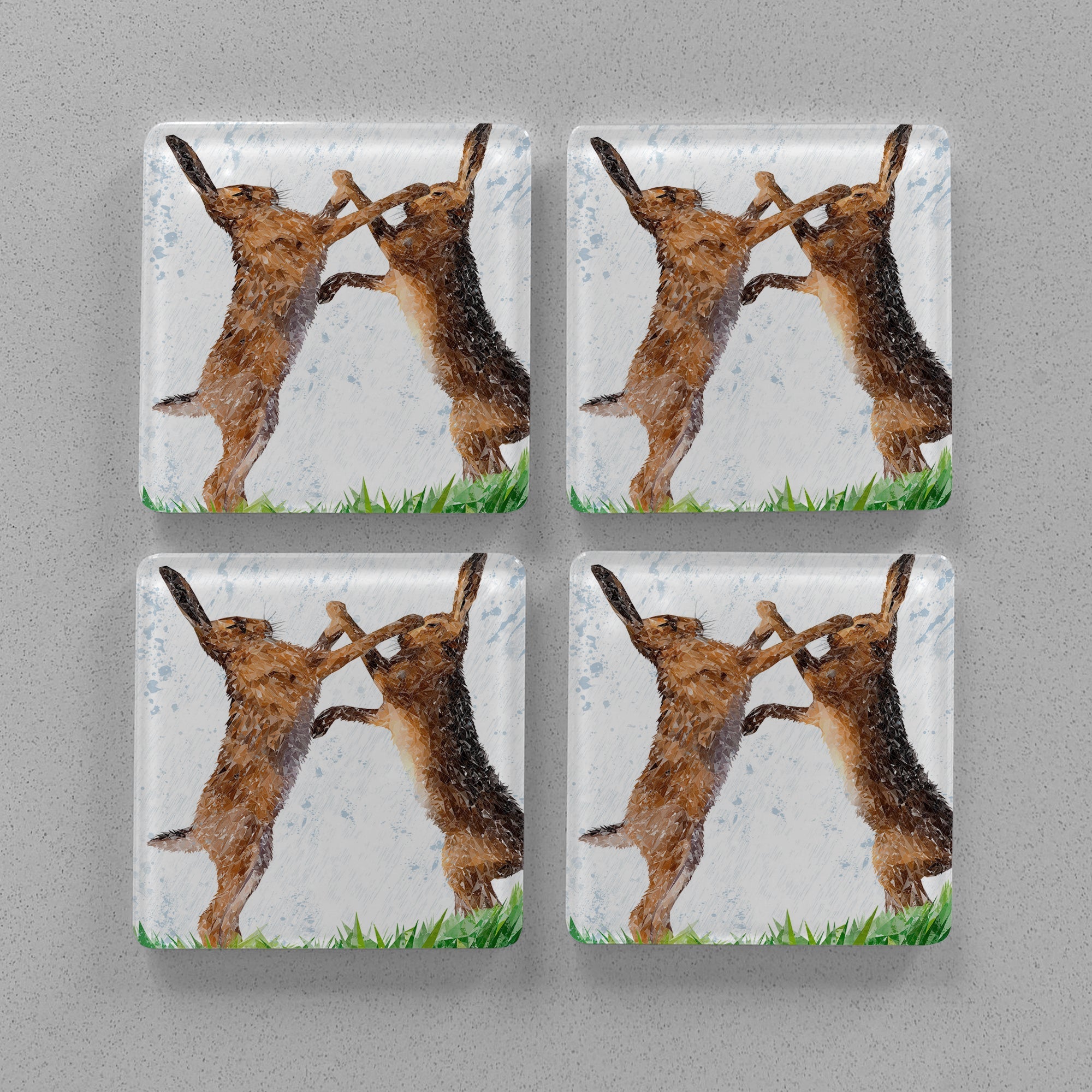"The Standoff" Fighting Hares Premium Glass Coasters