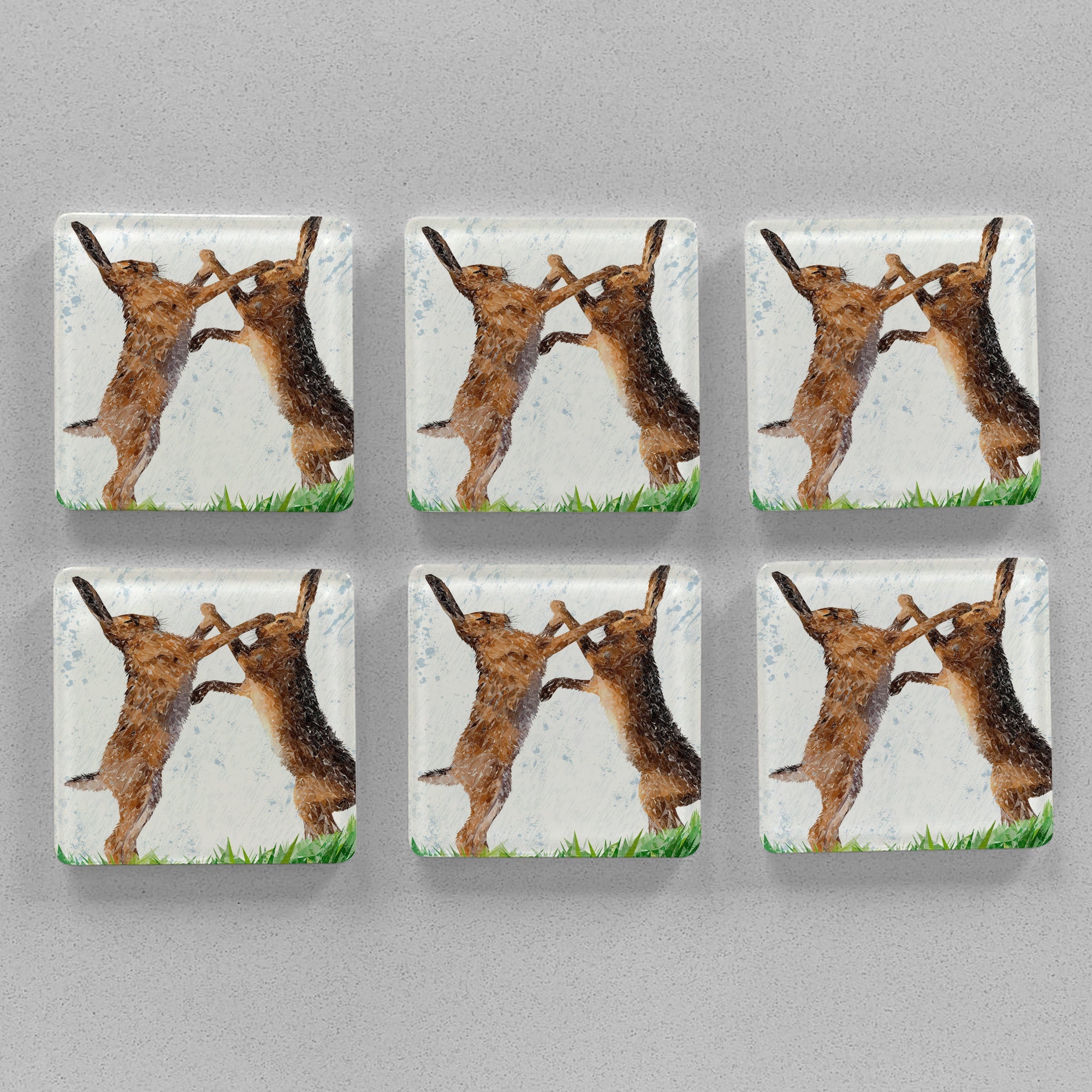 "The Standoff" Fighting Hares Premium Glass Coasters