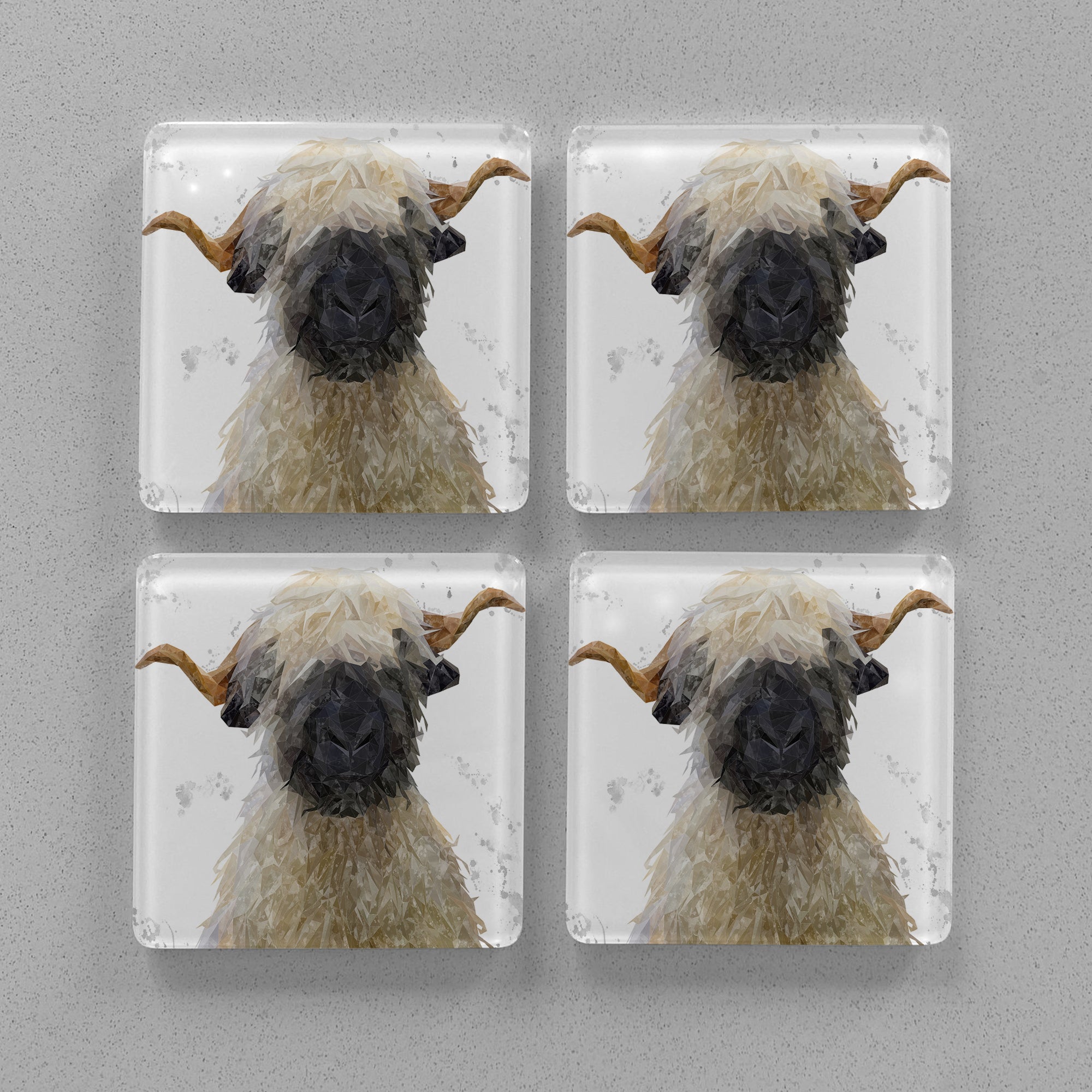 "Betty" The Valais Blacknose Sheep (Grey Background) Premium Glass Coasters