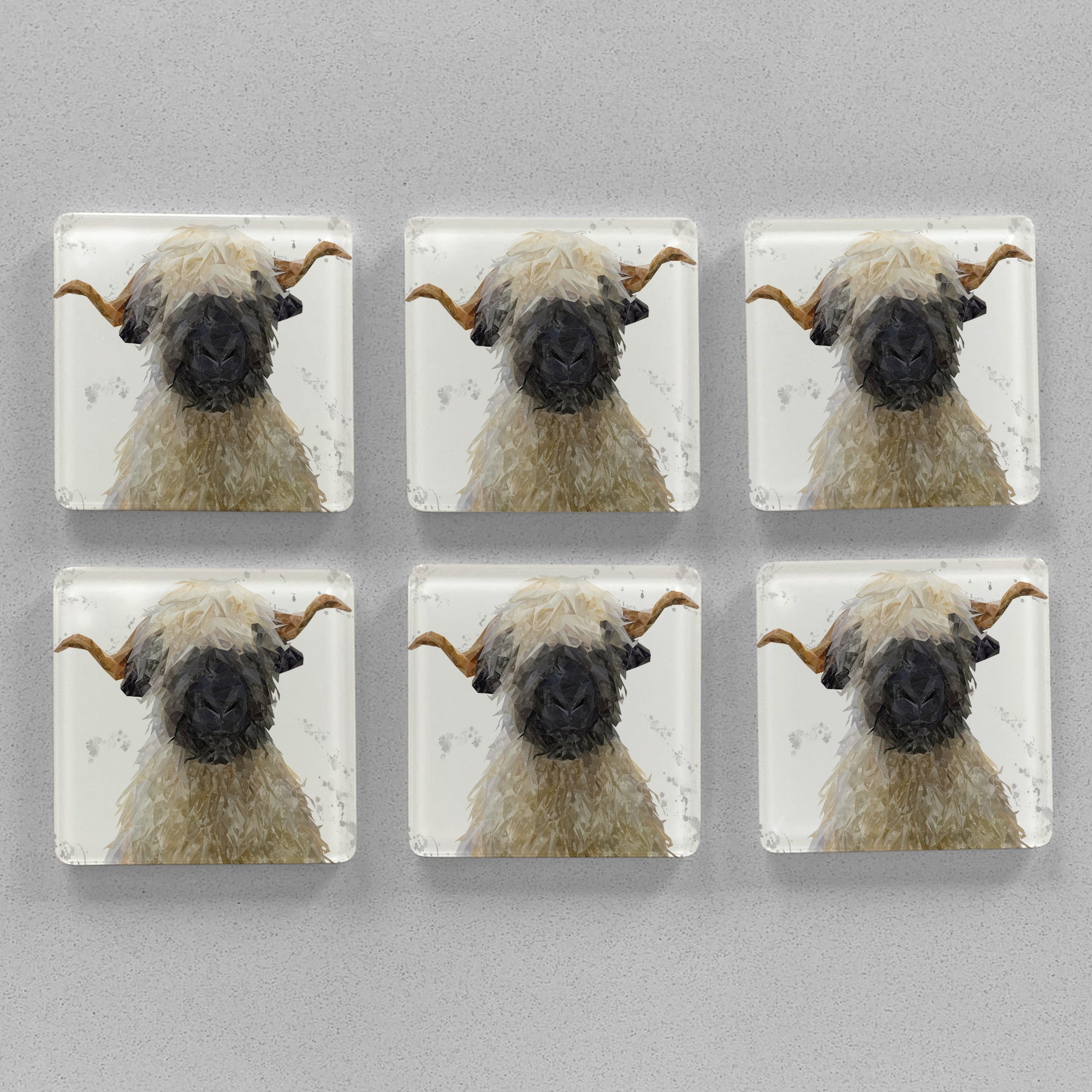 "Betty" The Valais Blacknose Sheep (Grey Background) Premium Glass Coasters