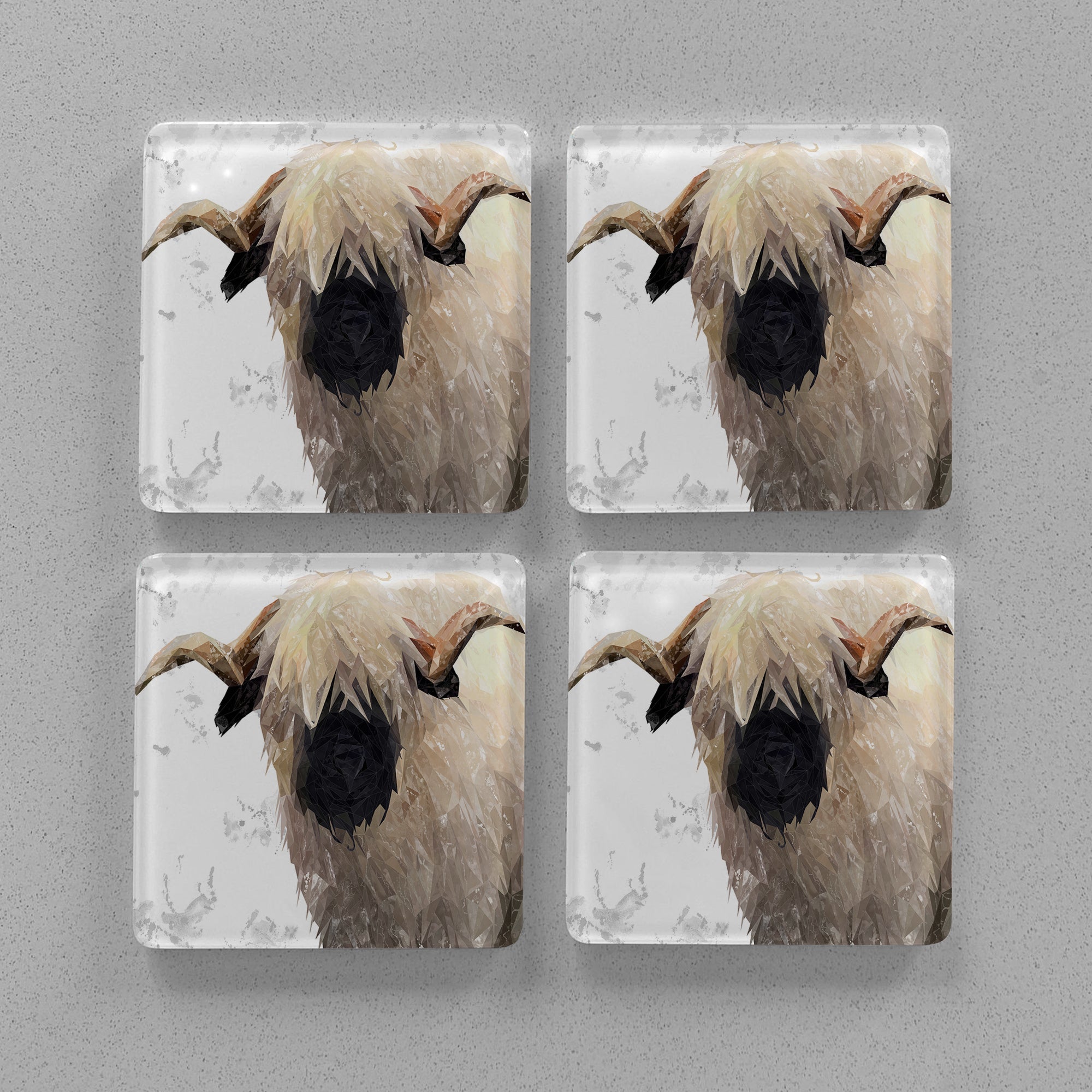 "Bertie" The Valais Ram (Grey Background) Premium Glass Coasters