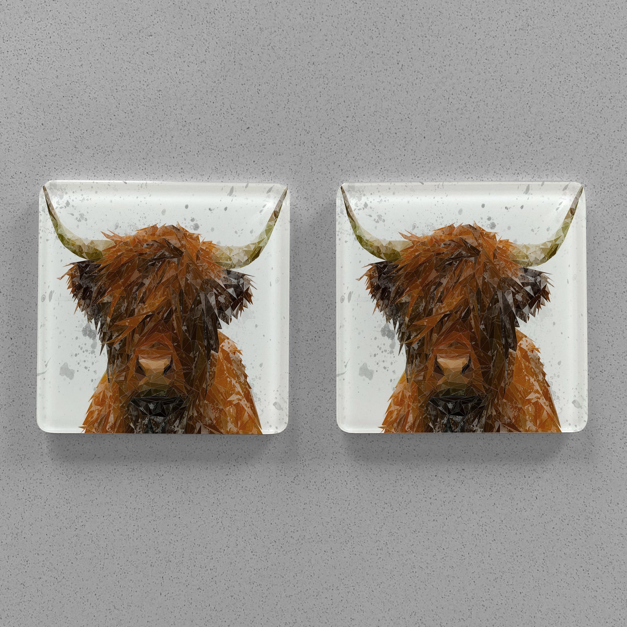 "The Highland" Highland Cow Art (Grey Background) Premium Glass Coasters