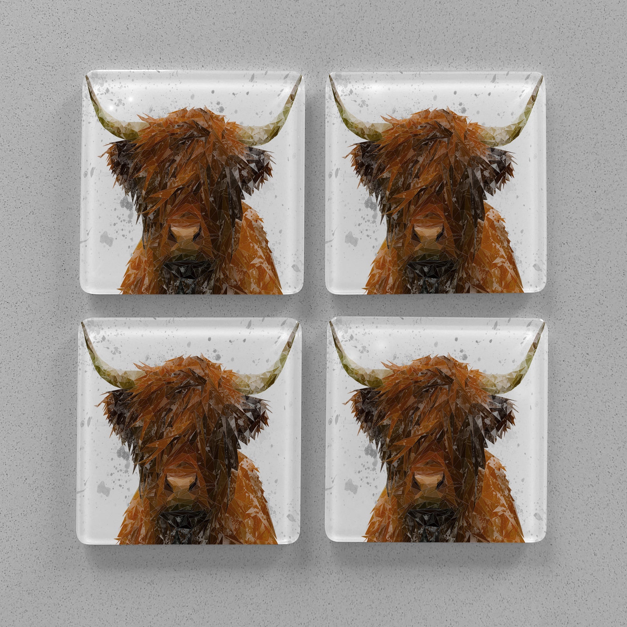 "The Highland" Highland Cow Art (Grey Background) Premium Glass Coasters