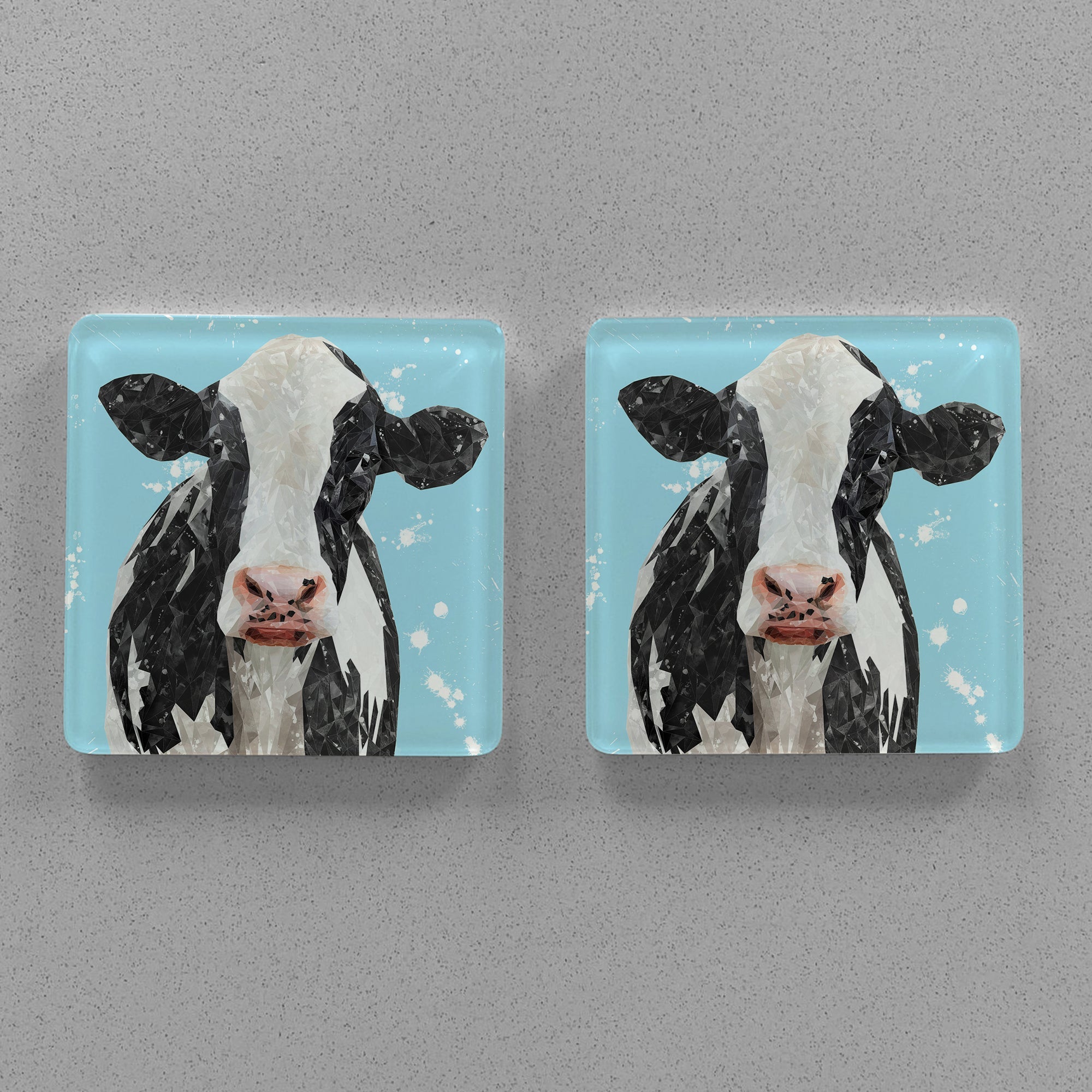 "Harriet" The Holstein Cow (Blue Background) Premium Glass Coasters