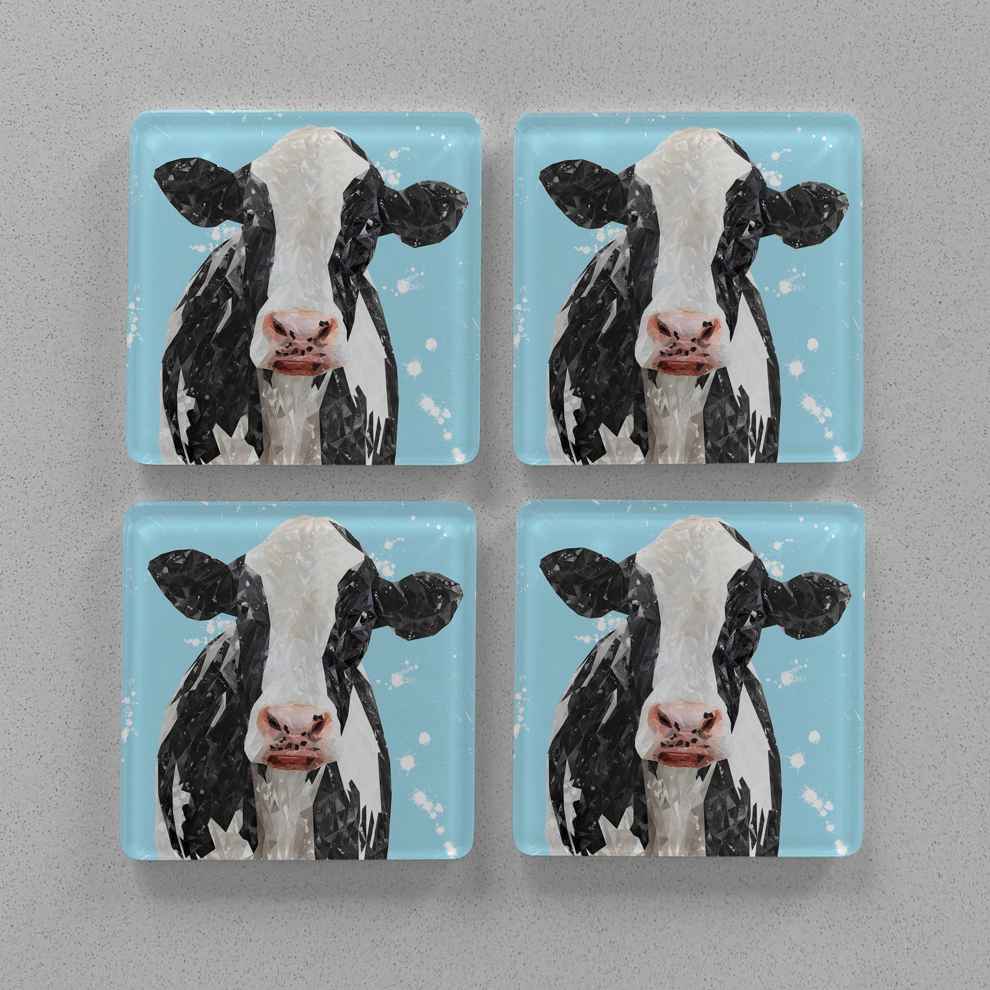 "Harriet" The Holstein Cow (Blue Background) Premium Glass Coasters