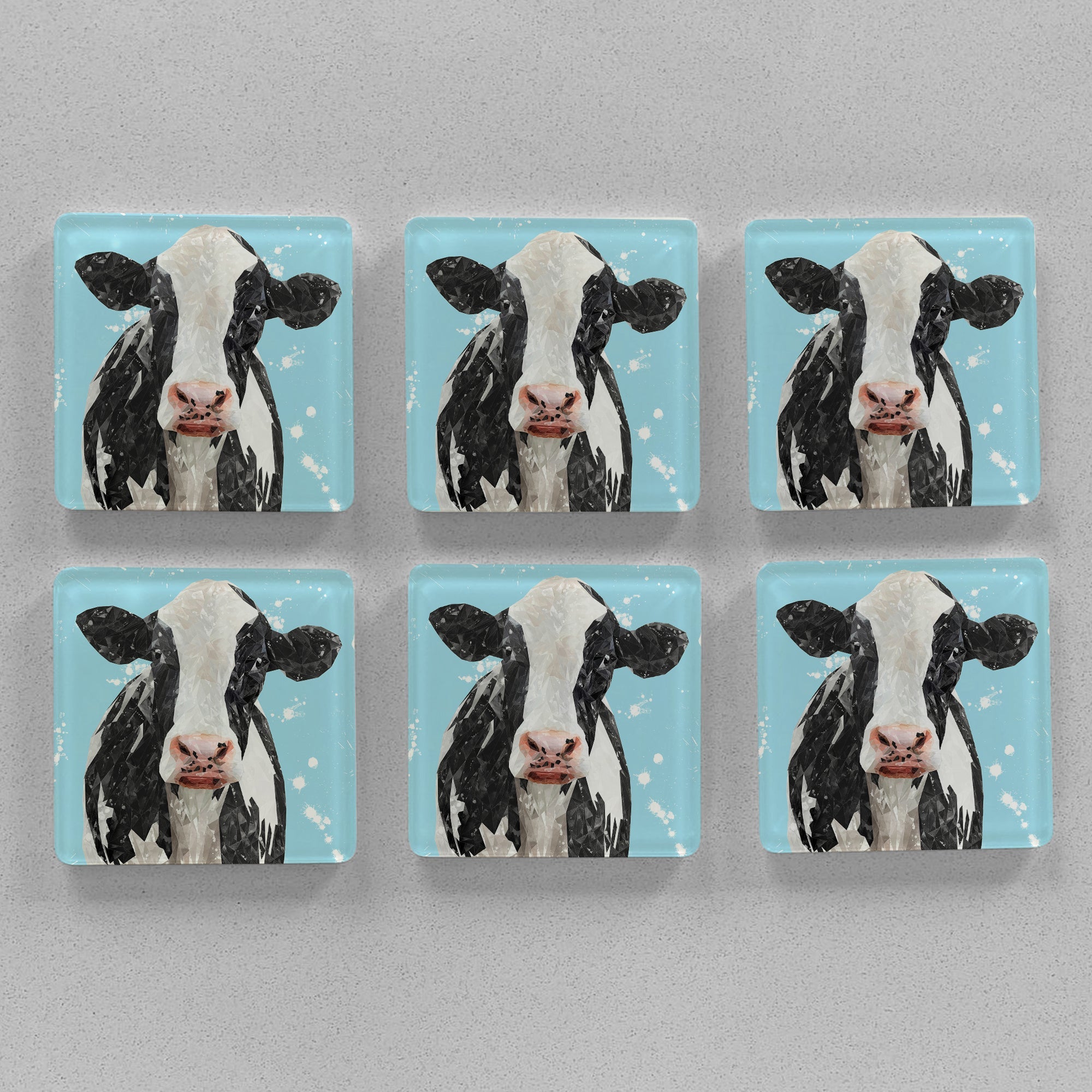 "Harriet" The Holstein Cow (Blue Background) Premium Glass Coasters