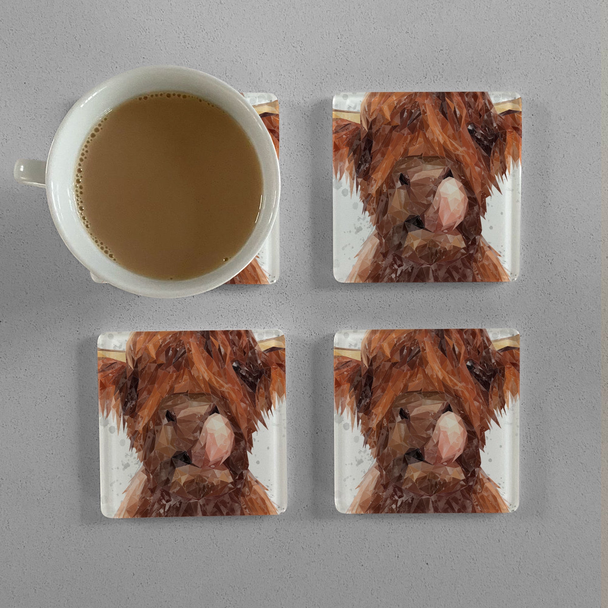 "Harry" The Highland Bull (Grey Background) Premium Glass Coasters