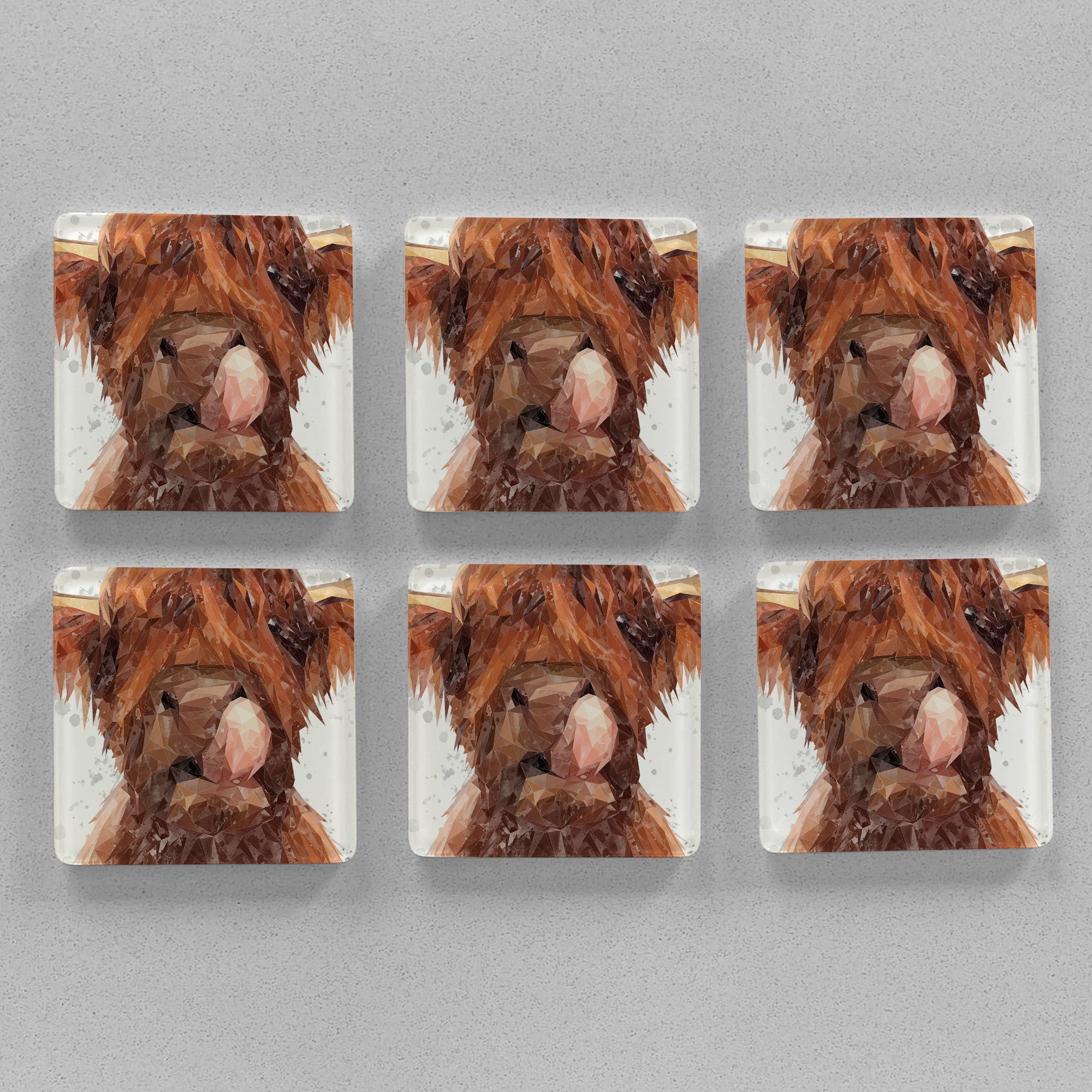 "Harry" The Highland Bull (Grey Background) Premium Glass Coasters