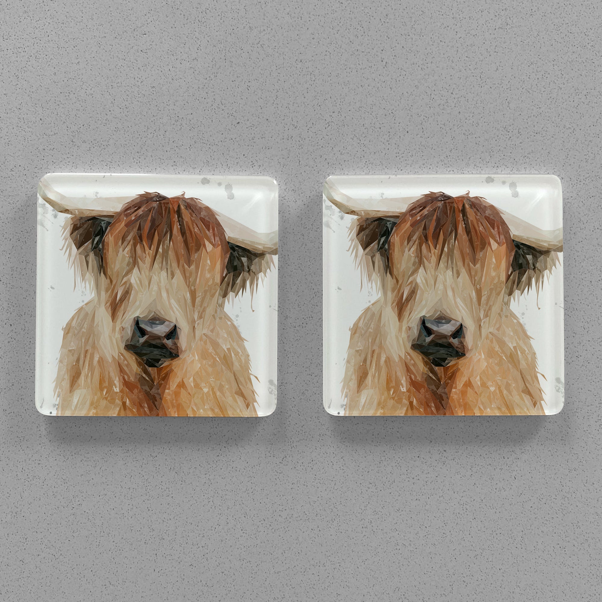 "Bernadette" The Highland Cow (Grey Background) Premium Glass Coasters