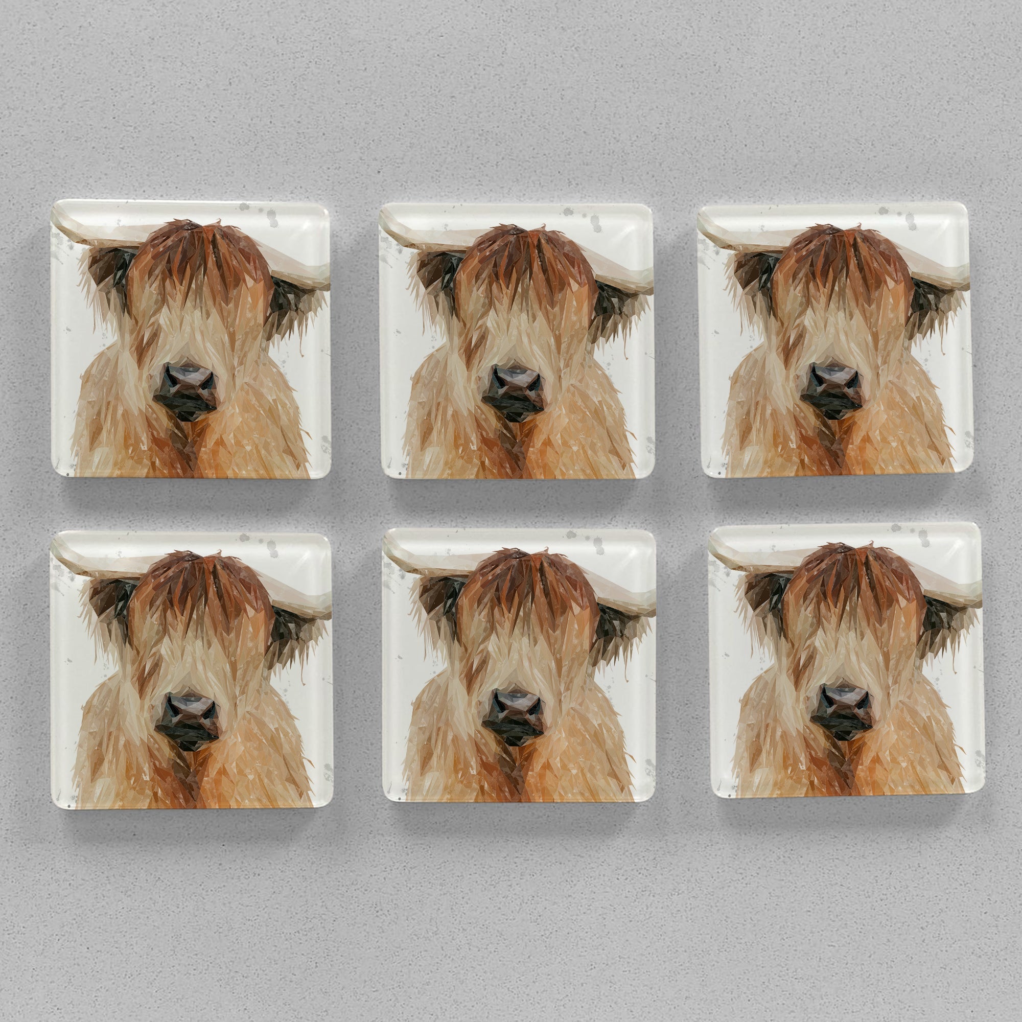 "Bernadette" The Highland Cow (Grey Background) Premium Glass Coasters