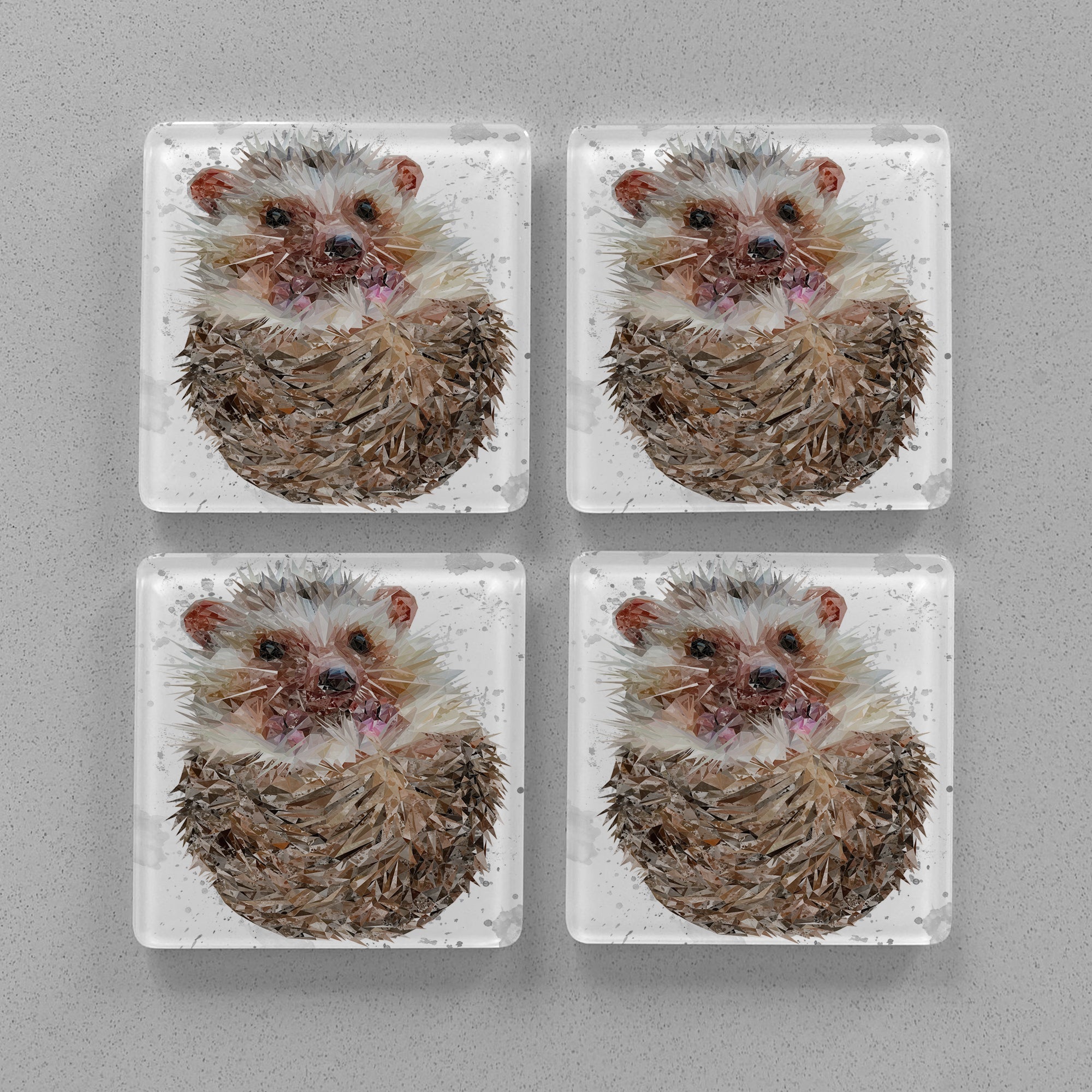 "Milton" The Hedgehog (Grey Background) Premium Glass Coasters