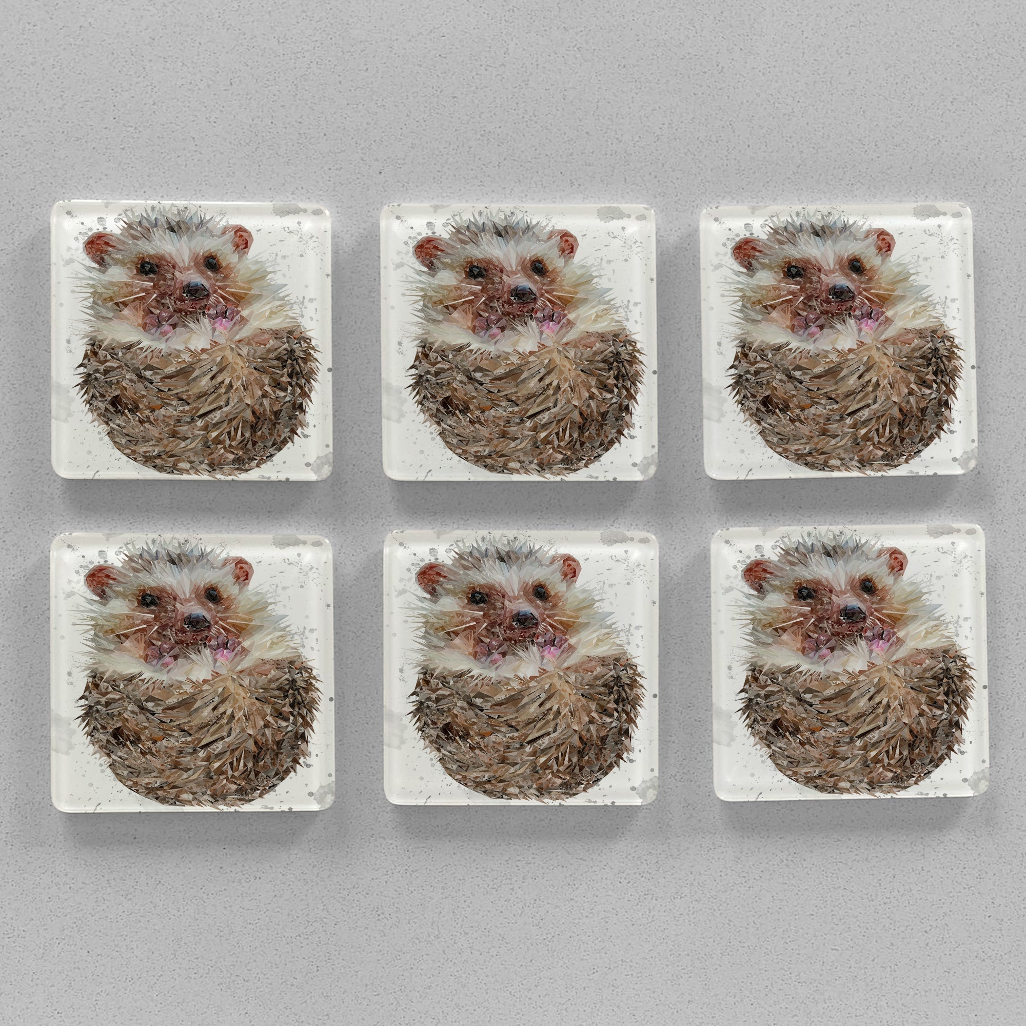 "Milton" The Hedgehog (Grey Background) Premium Glass Coasters