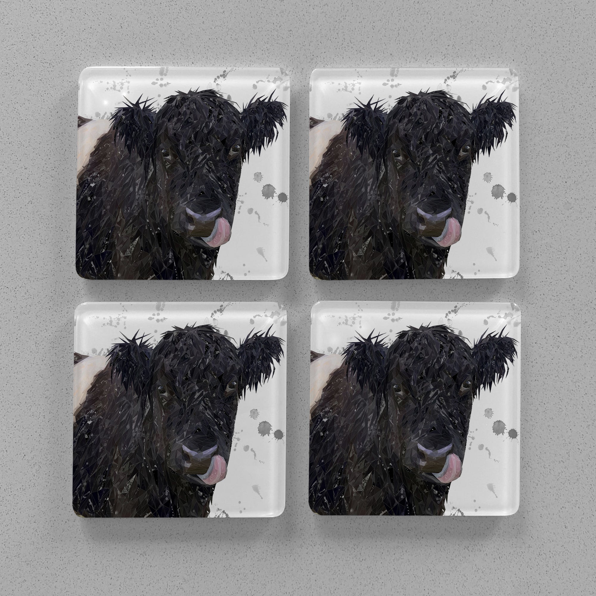 "Eugene" The Belted Galloway Cow (Grey Background) Premium Glass Coasters