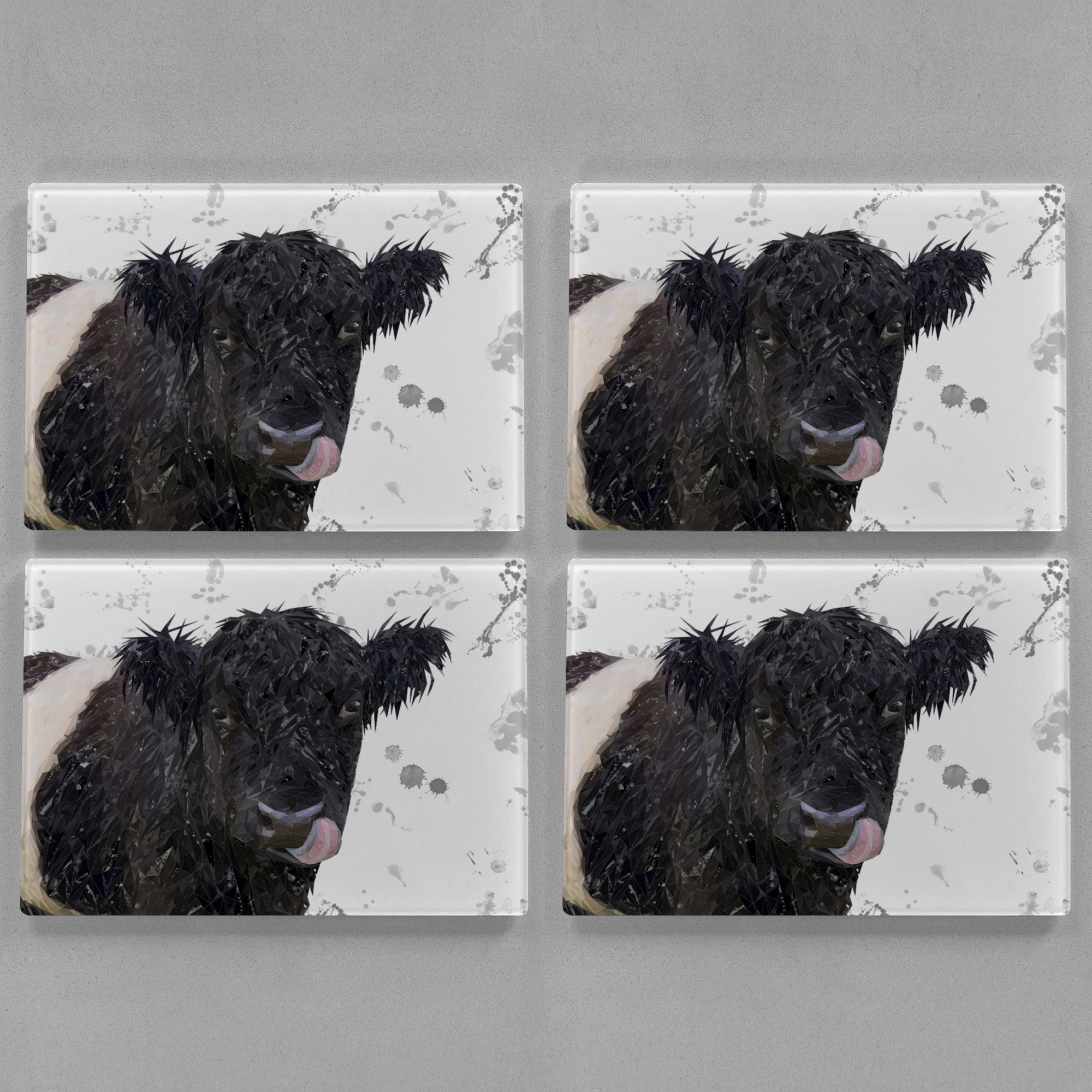"Eugene" The Belted Galloway Cow (Grey Background) Premium Glass Placemat