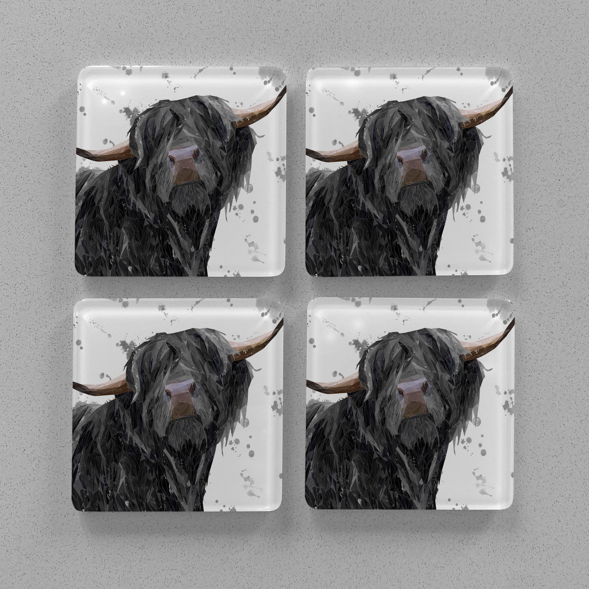 "Barnaby" The Highland Bull (Grey Background) Premium Glass Coasters