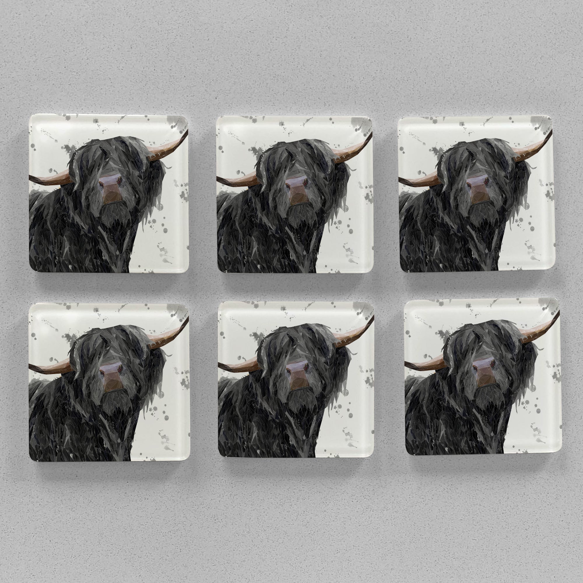"Barnaby" The Highland Bull (Grey Background) Premium Glass Coasters