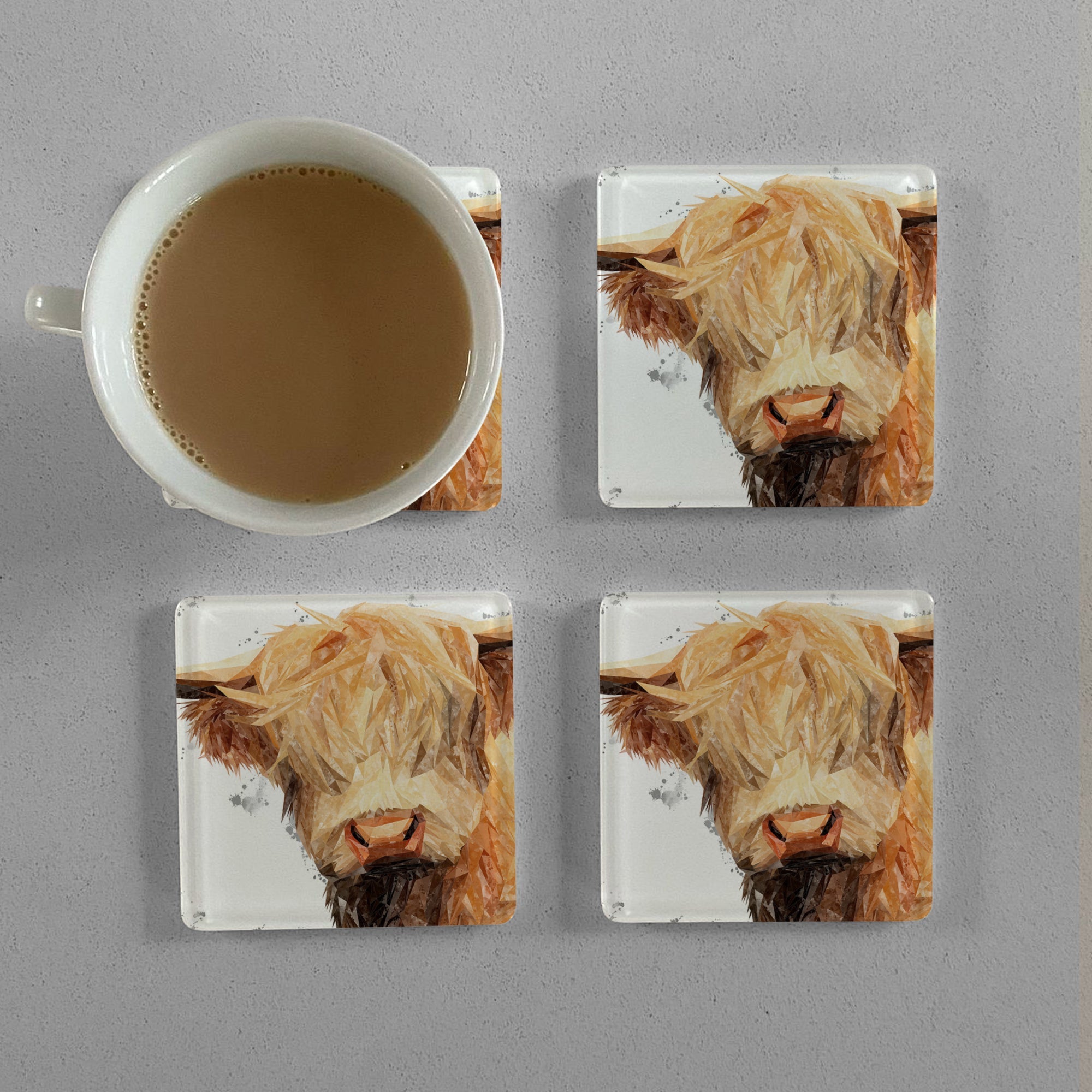 "Brenda" The Highland Cow (Grey Background) Premium Glass Coasters