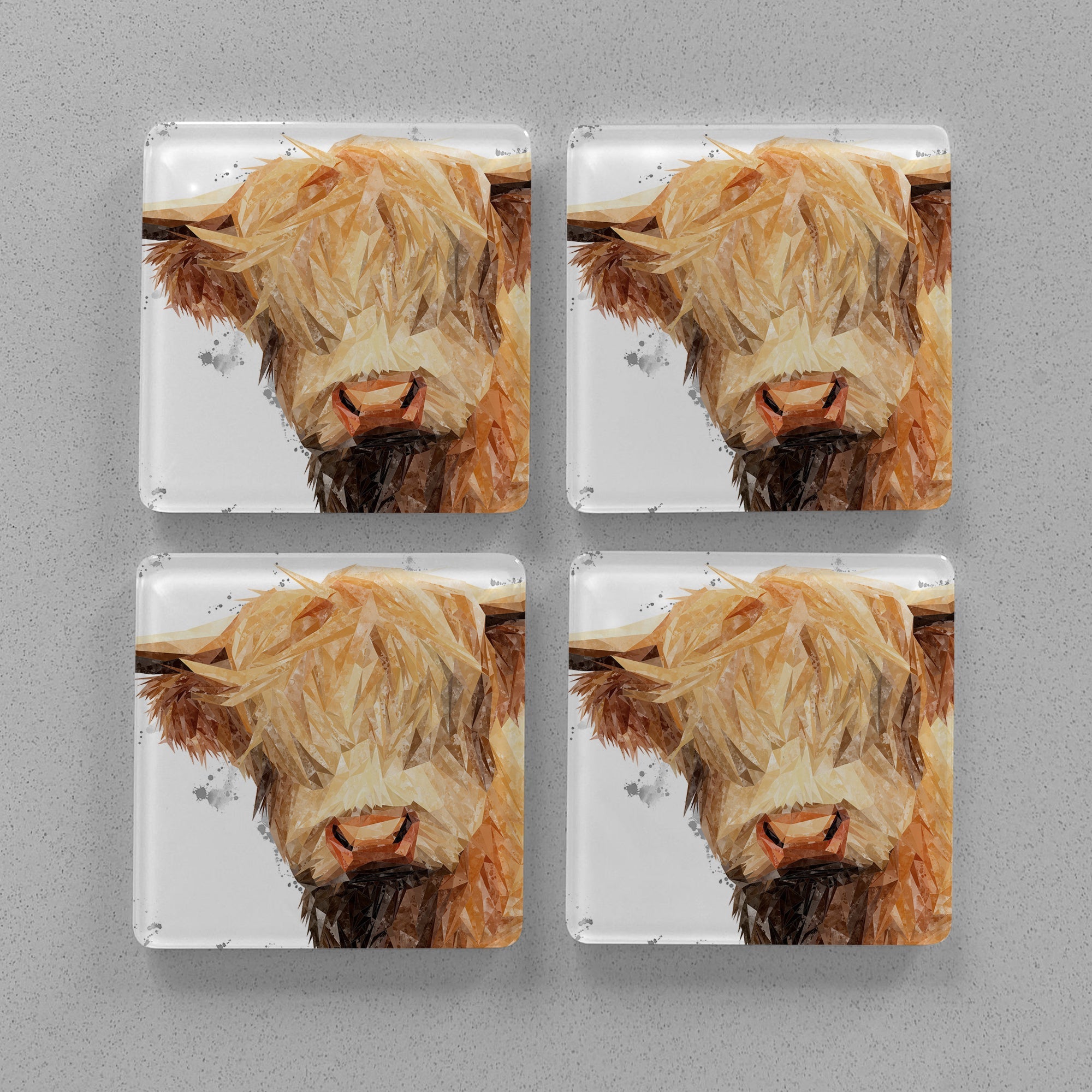 "Brenda" The Highland Cow (Grey Background) Premium Glass Coasters