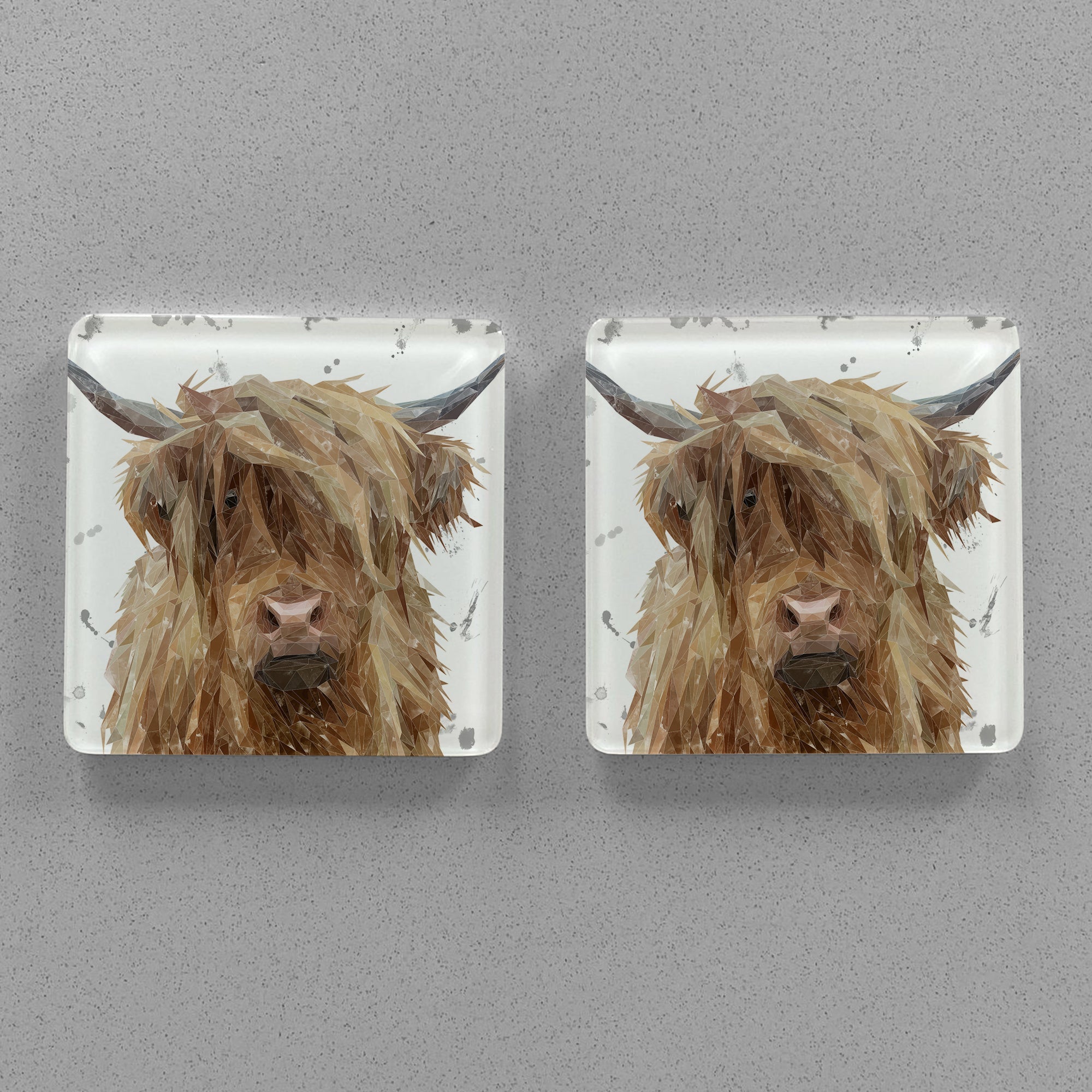 "Millie" The Highland Cow (Grey Background) Premium Glass Coasters