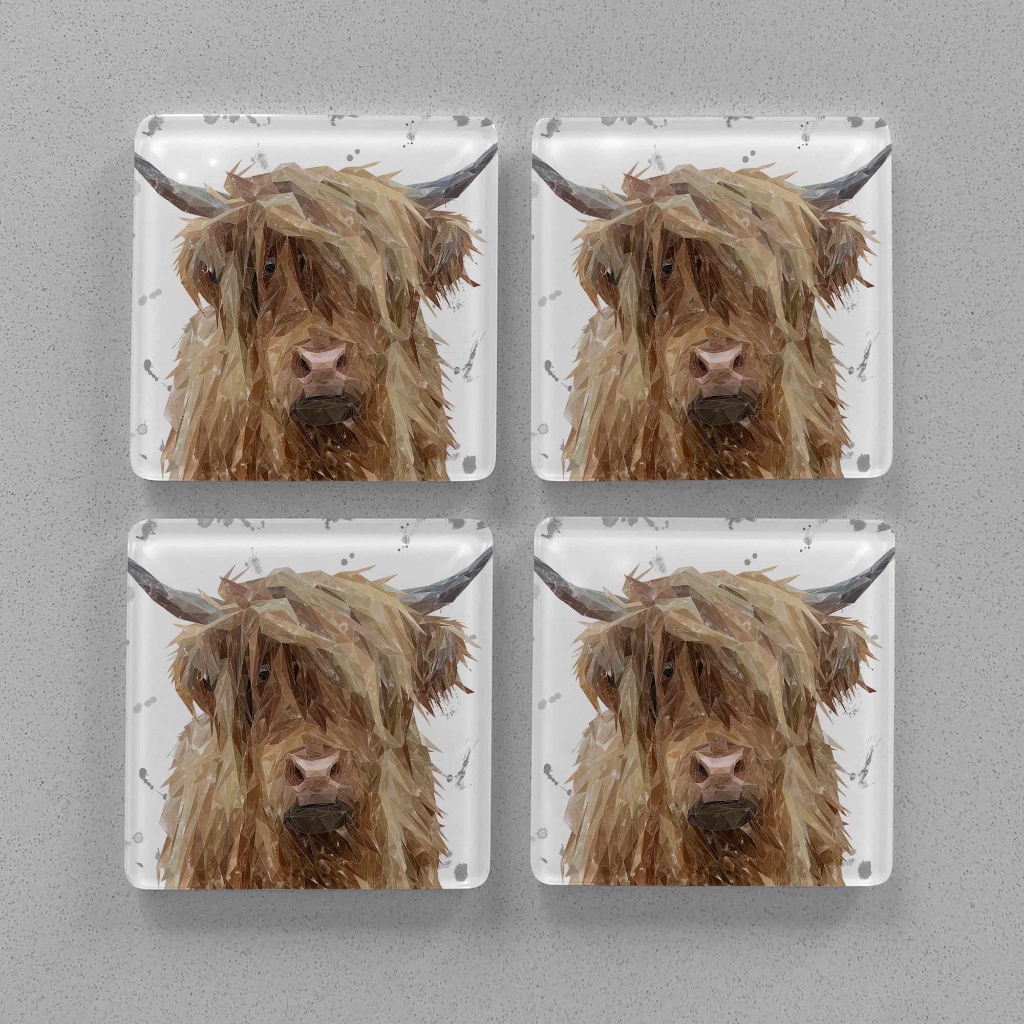 "Millie" The Highland Cow (Grey Background) Premium Glass Coasters