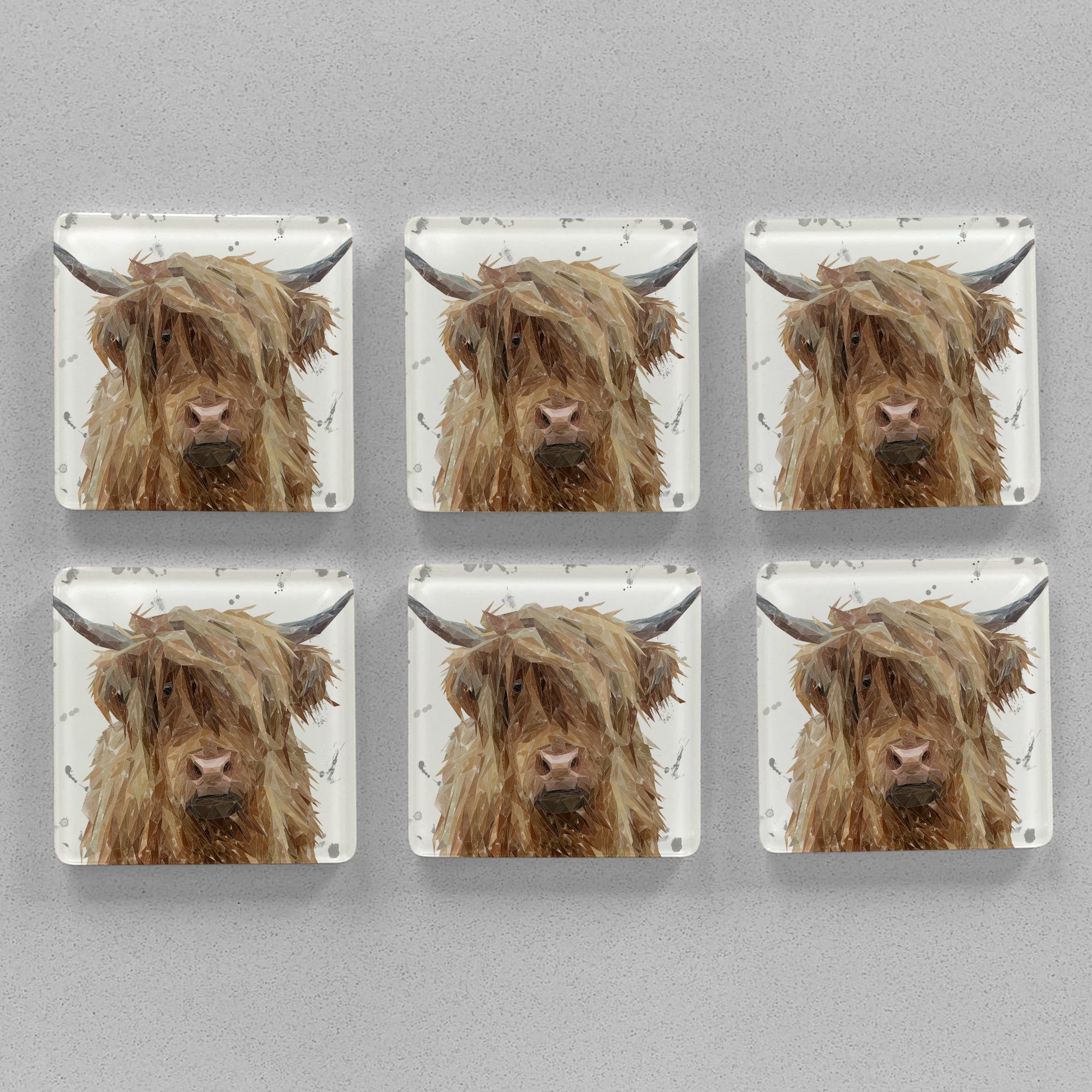 "Millie" The Highland Cow (Grey Background) Premium Glass Coasters