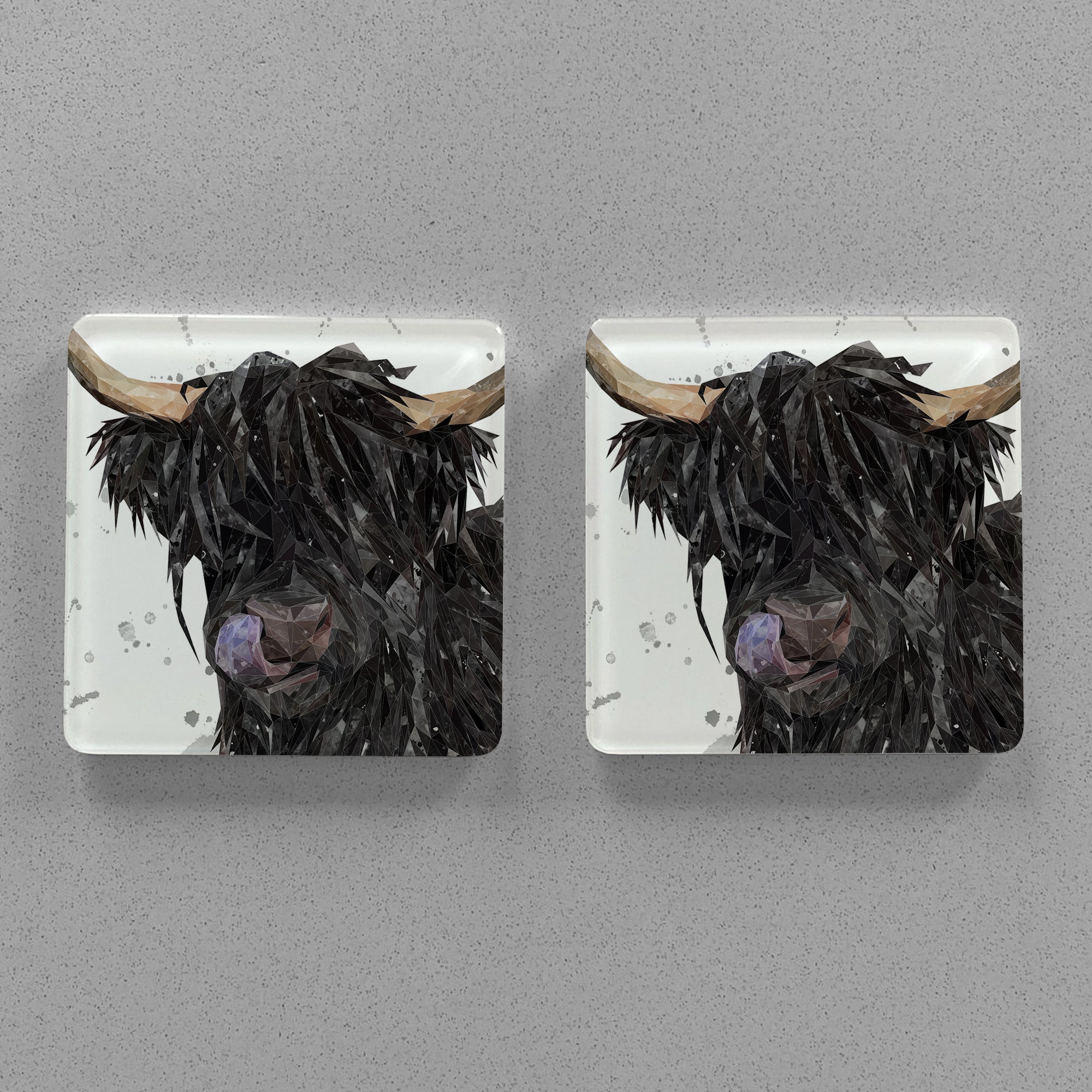 "Mabel" The Highland Cow (Grey Background) Premium Glass Coasters