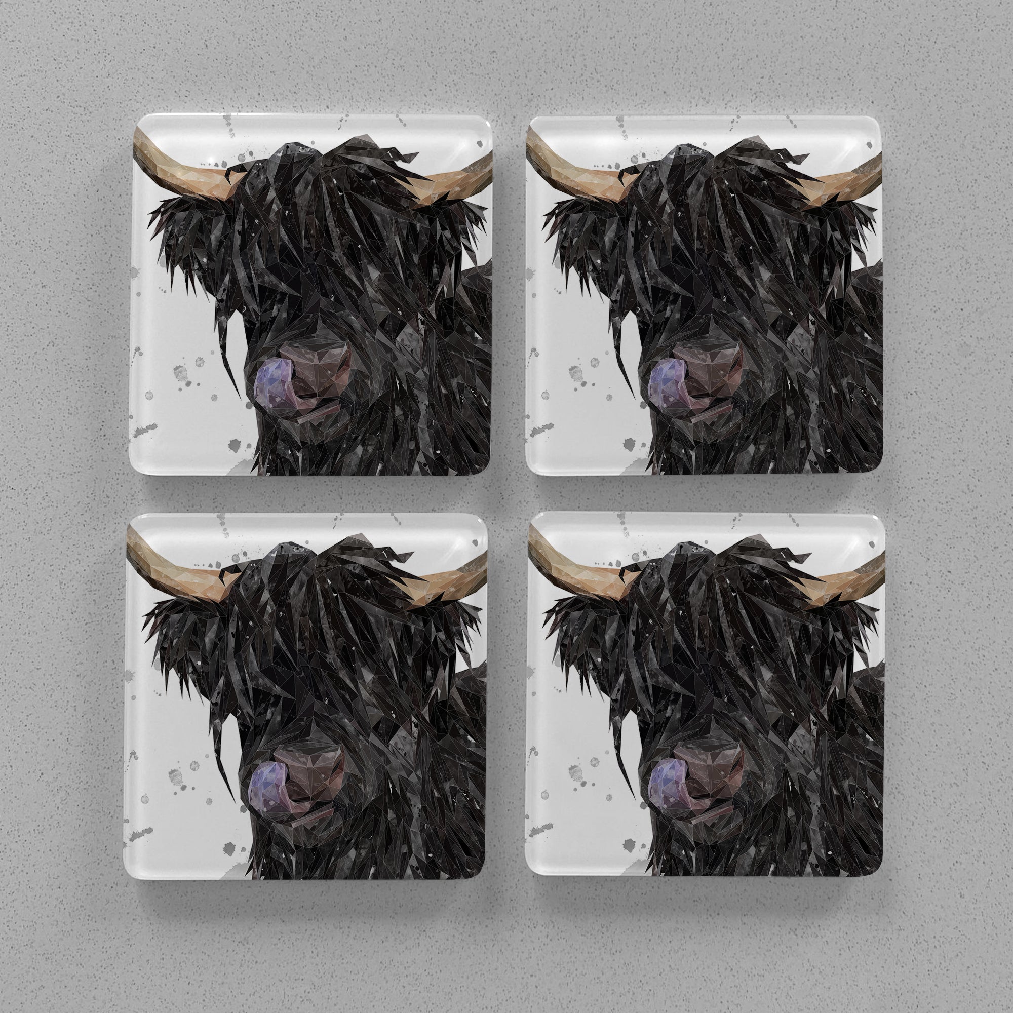 "Mabel" The Highland Cow (Grey Background) Premium Glass Coasters