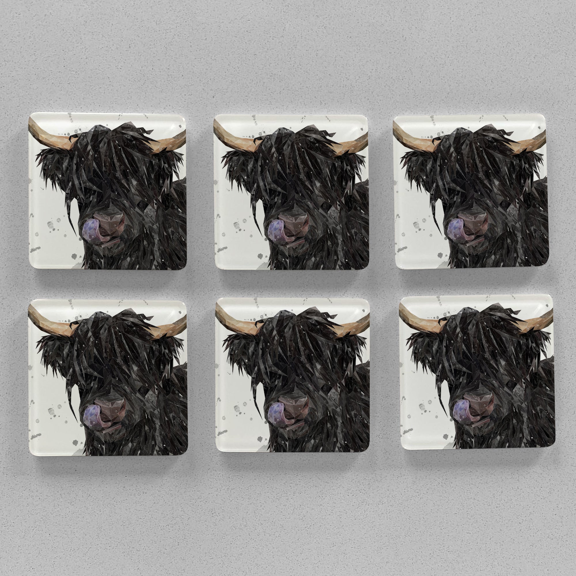 "Mabel" The Highland Cow (Grey Background) Premium Glass Coasters