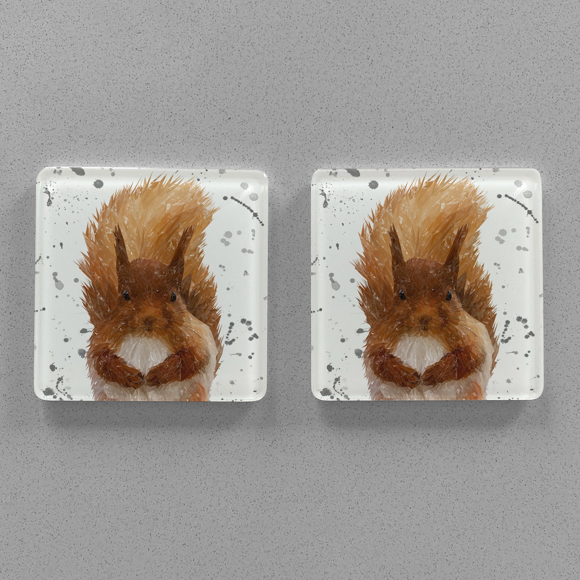 "Ellis" The Red Squirrel (Grey Background) Premium Glass Coasters