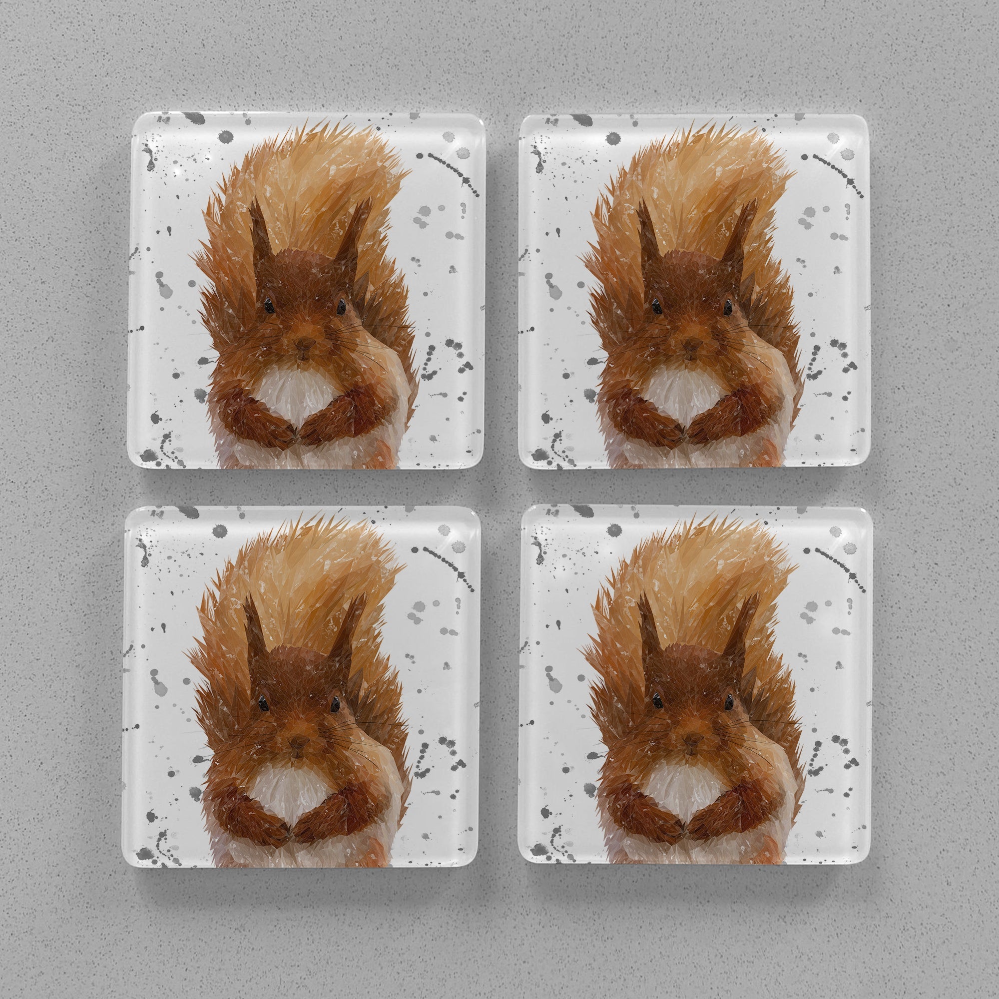 "Ellis" The Red Squirrel (Grey Background) Premium Glass Coasters