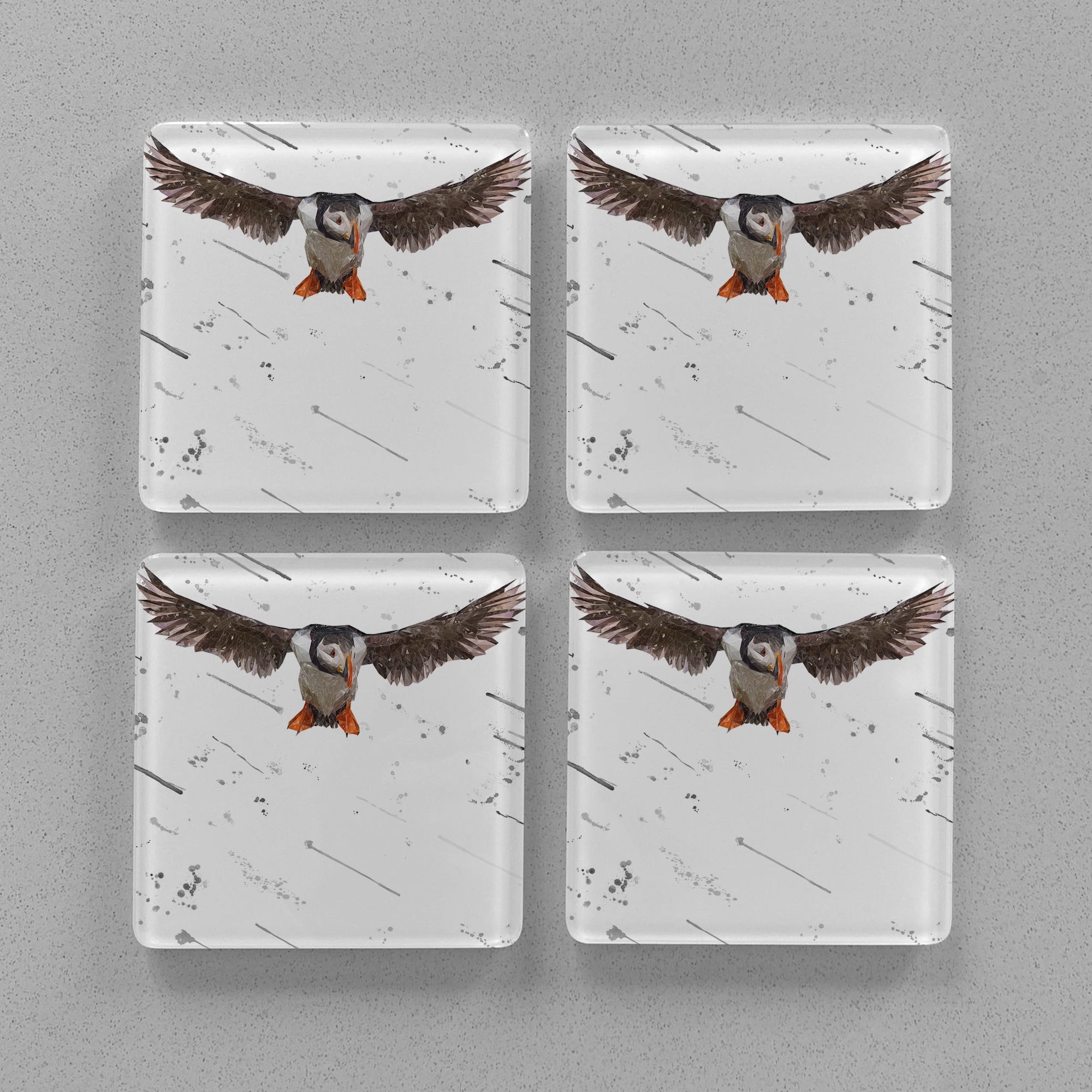 "Frank" The Puffin (Grey Background) Premium Glass Coasters