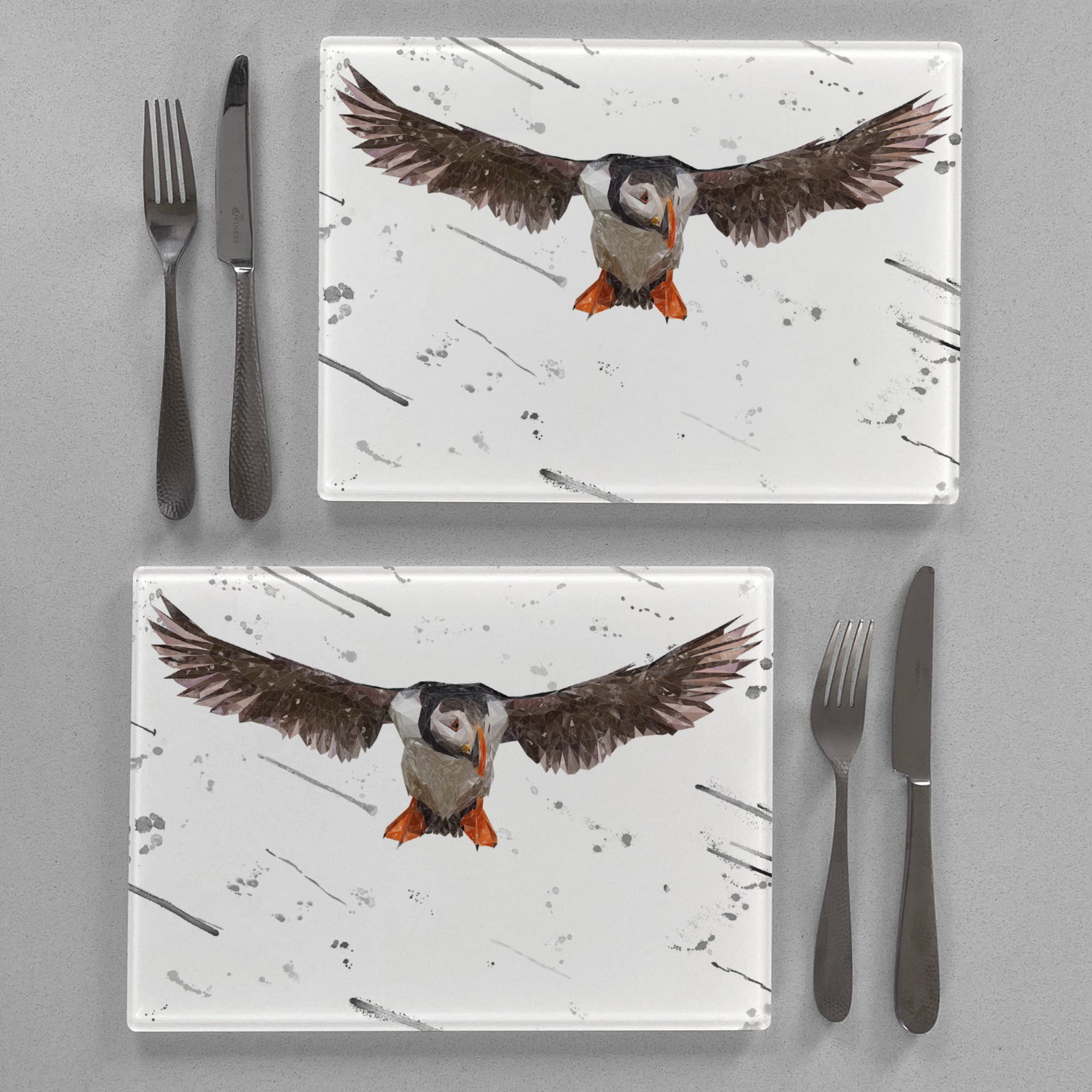 "Frank" The Puffin (Grey Background) Premium Glass Placemat