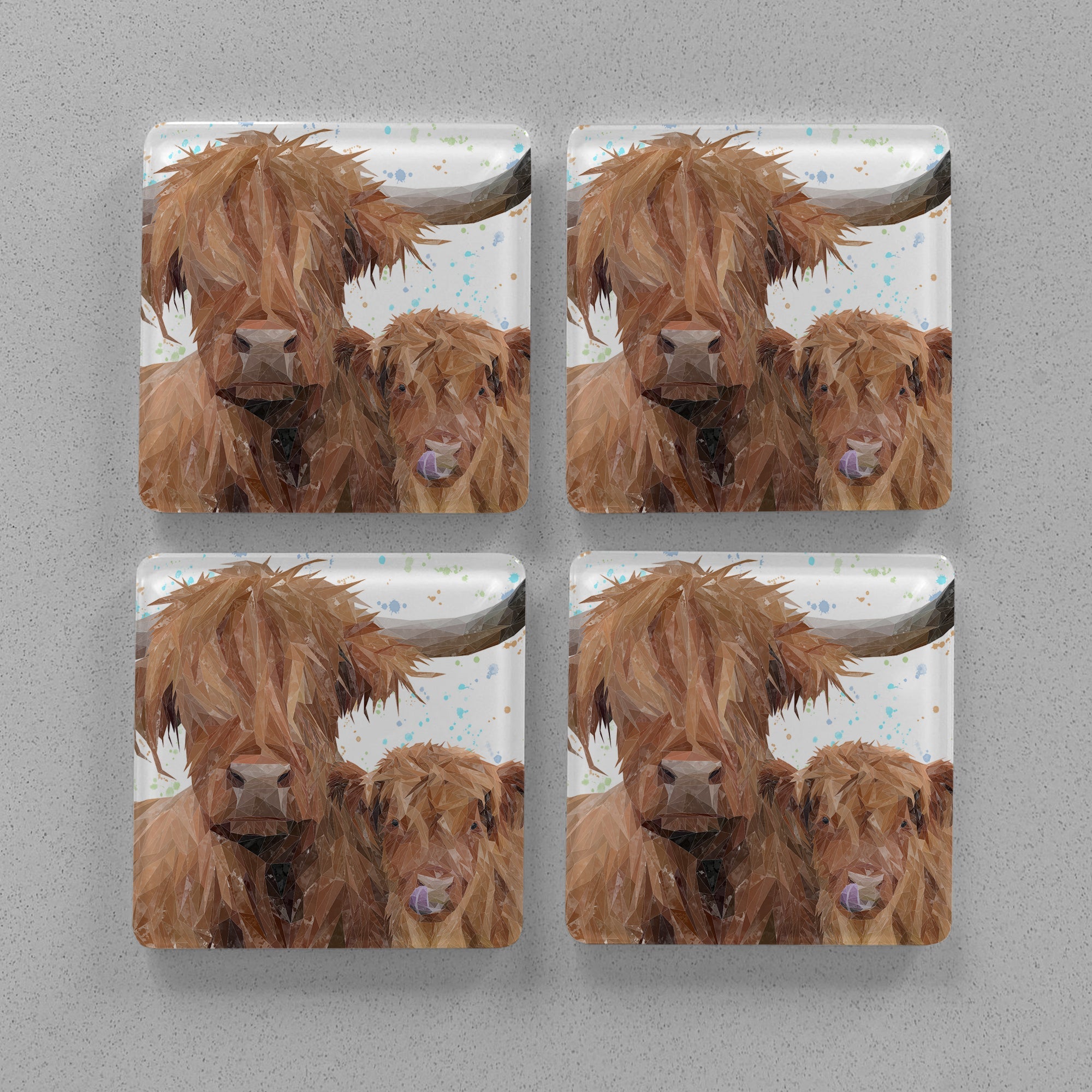 "A Mother's Love" Highland Cow & Calf Premium Glass Coasters