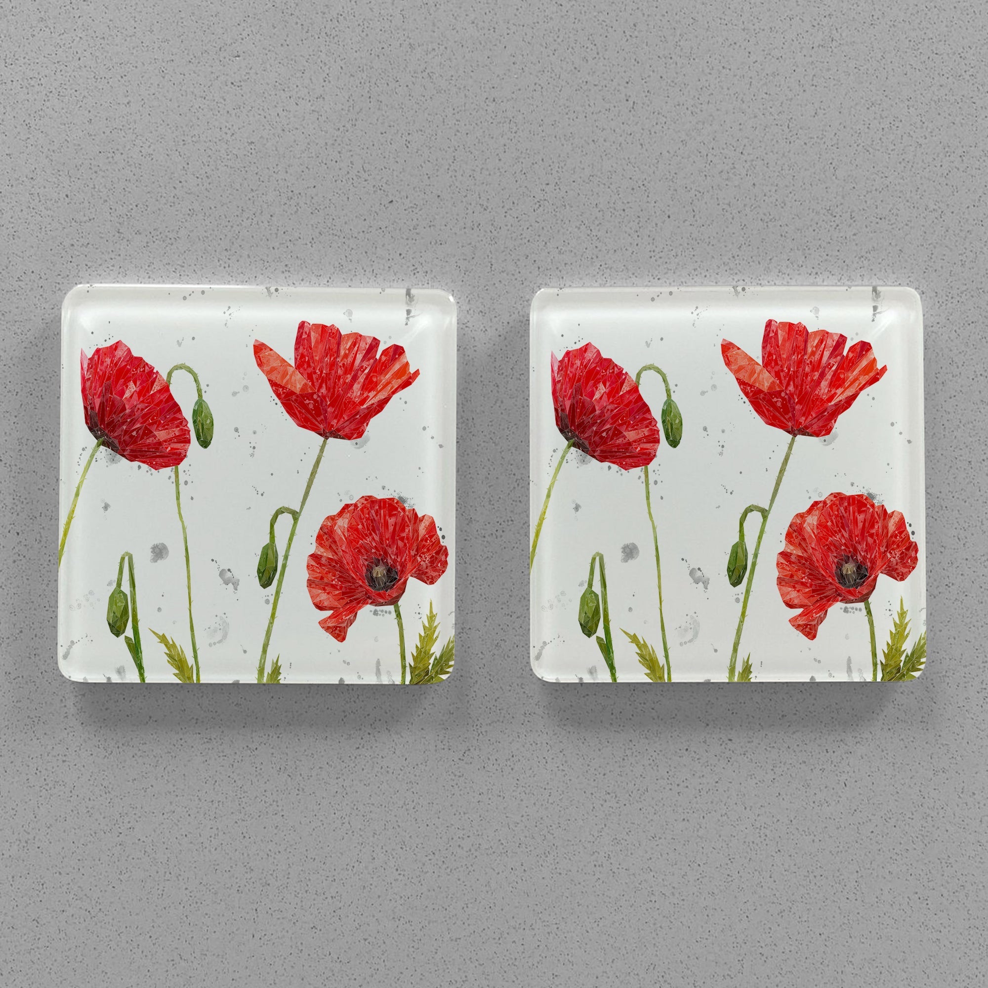 "Hope" Poppies Landscape (Grey Background) Premium Glass Coasters
