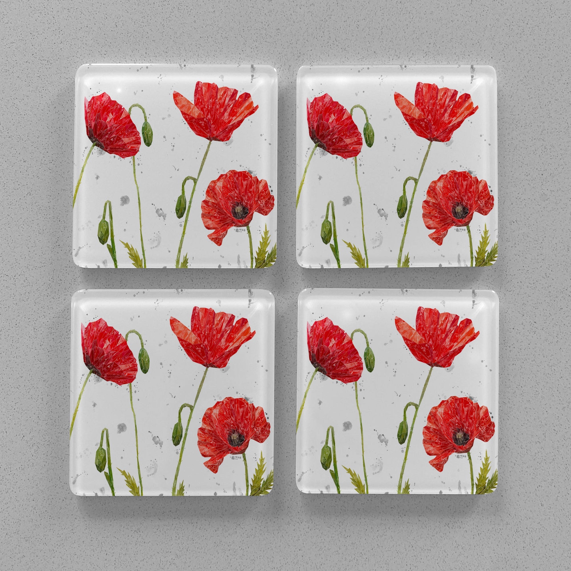 "Hope" Poppies Landscape (Grey Background) Premium Glass Coasters