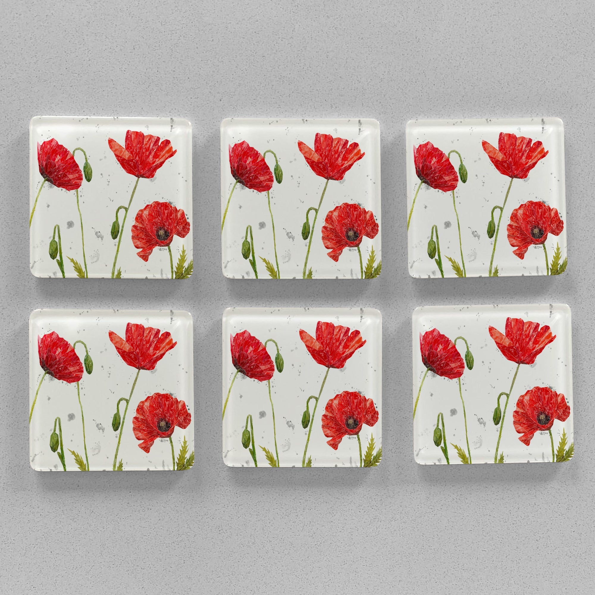 "Hope" Poppies Landscape (Grey Background) Premium Glass Coasters