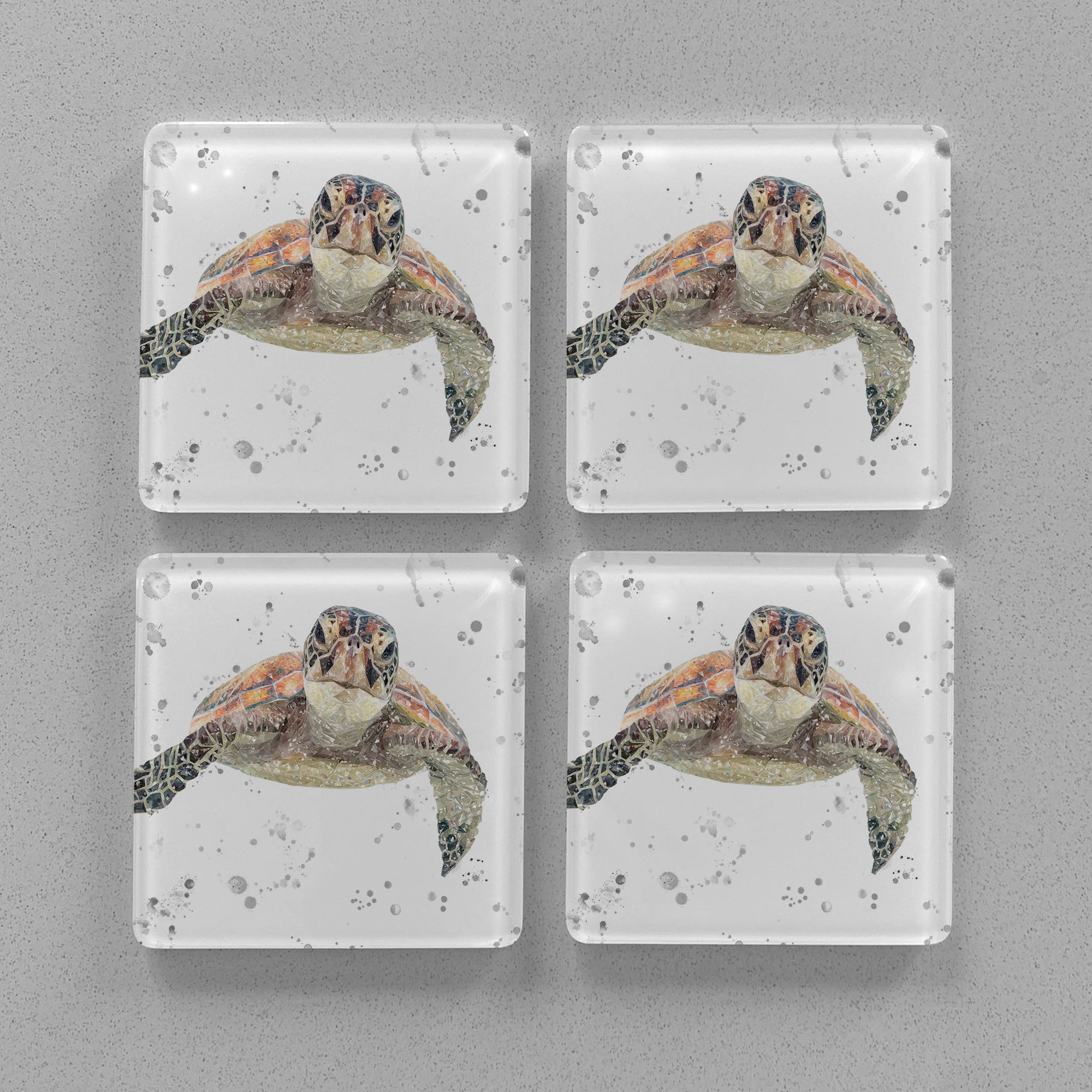 NEW! "Drift" Sea Turtle (Grey Background) Premium Glass Coasters - Andy Thomas Artworks