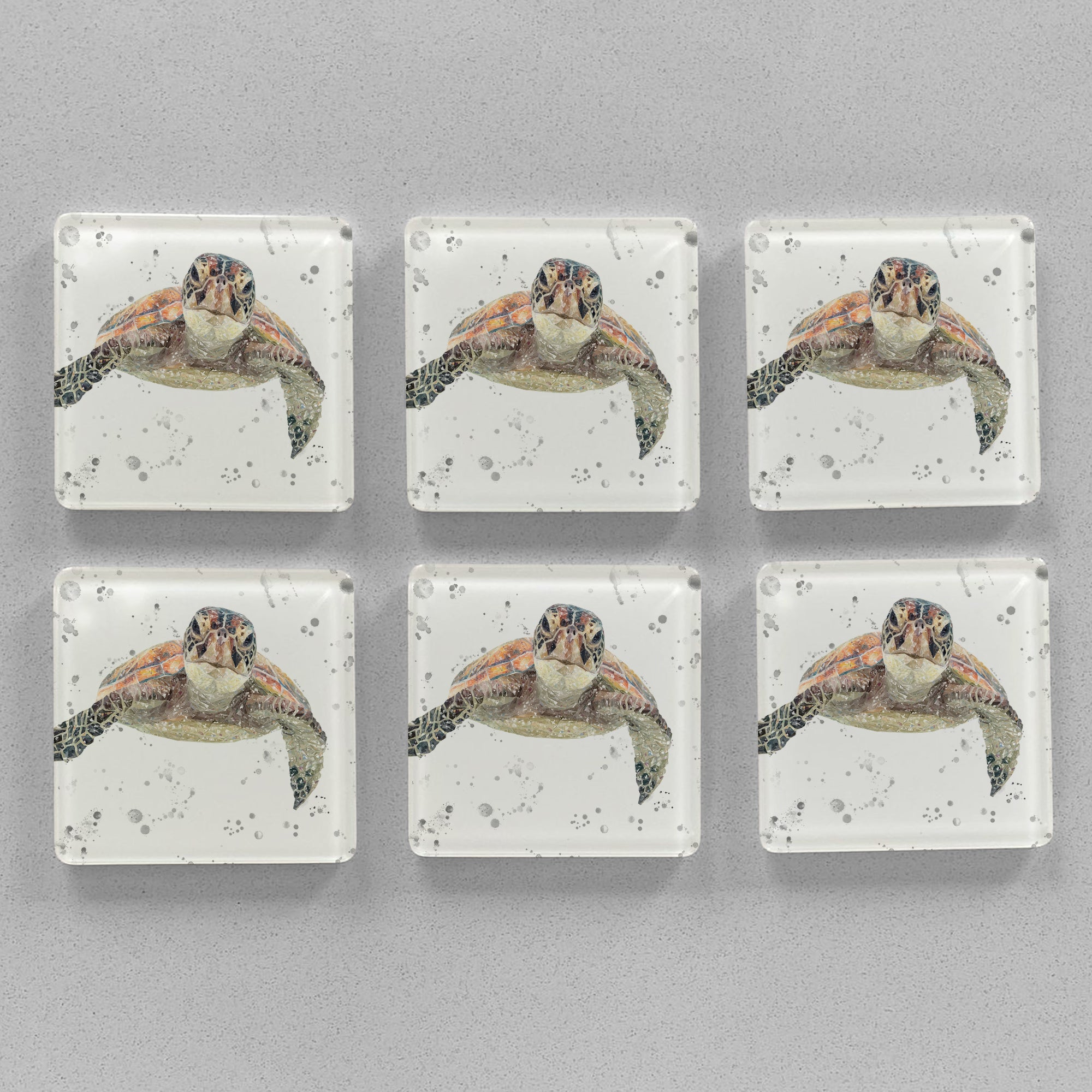NEW! "Drift" Sea Turtle (Grey Background) Premium Glass Coasters - Andy Thomas Artworks