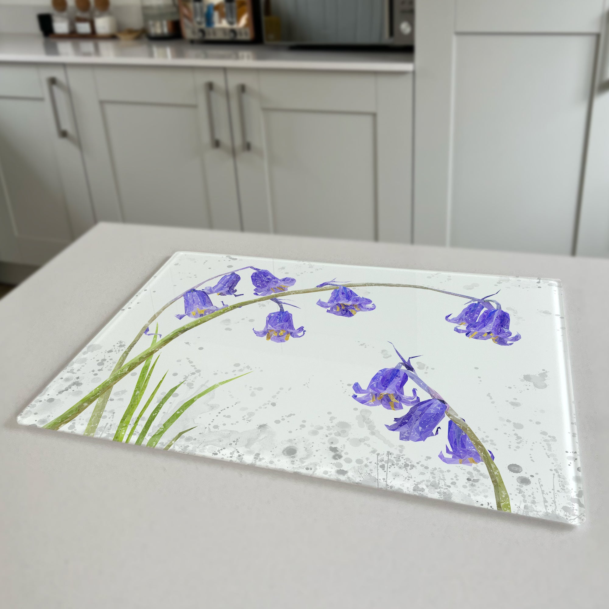"Bluebells" Grey Background Premium Glass Worktop Saver