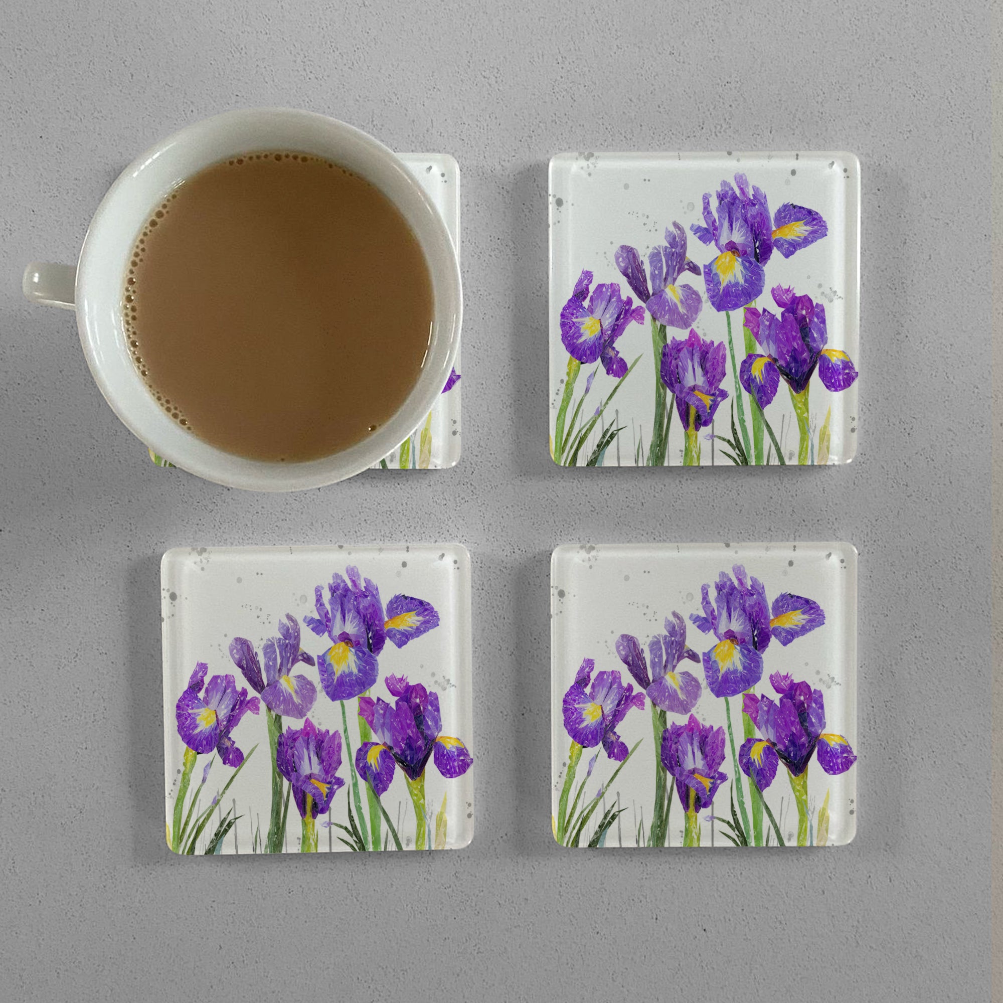 NEW! "Purple Haze" Iris Grey Background Premium Glass Coasters