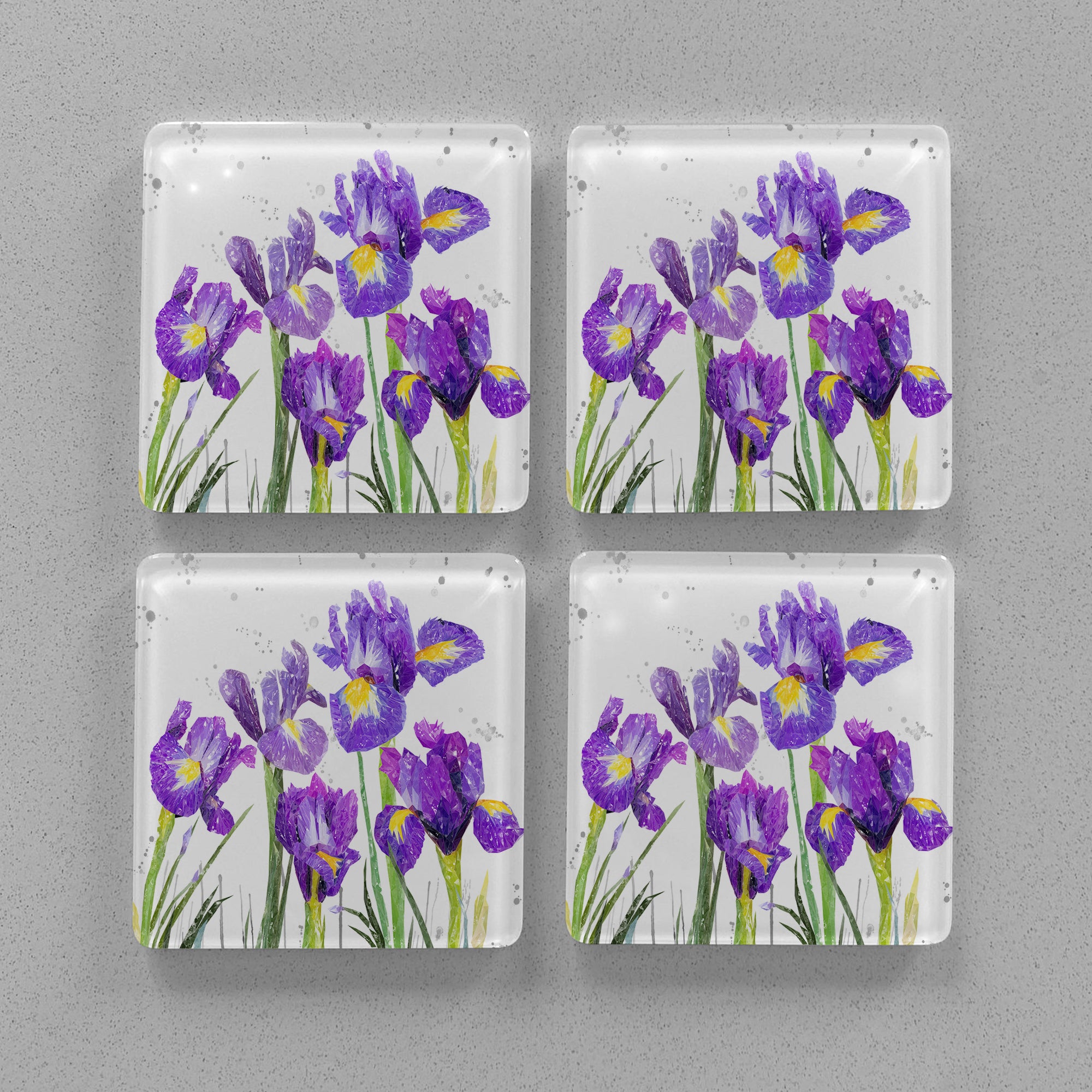 NEW! "Purple Haze" Iris Grey Background Premium Glass Coasters