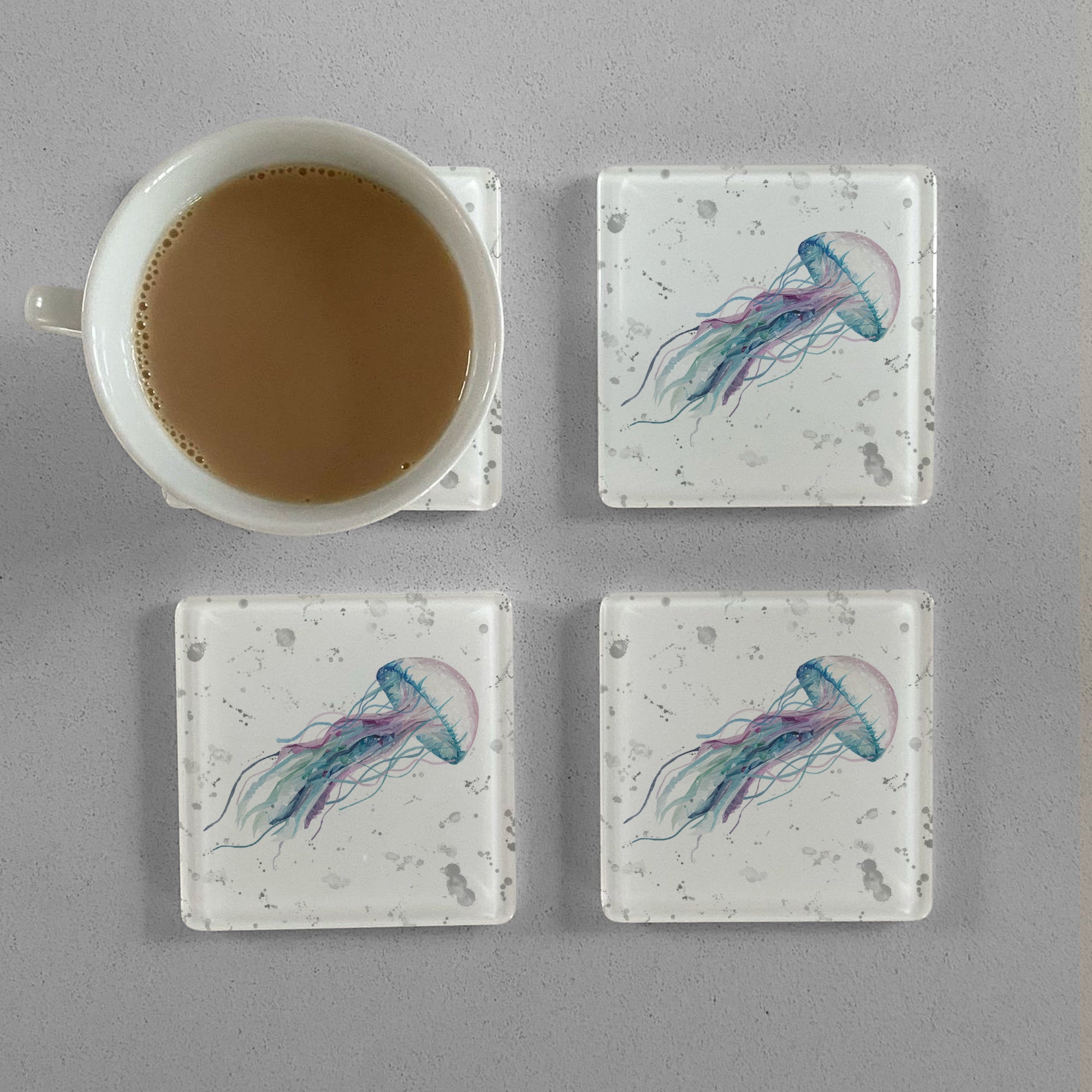 NEW! "Ophelia" Jellyfish (Grey Background) Premium Glass Coasters - Andy Thomas Artworks