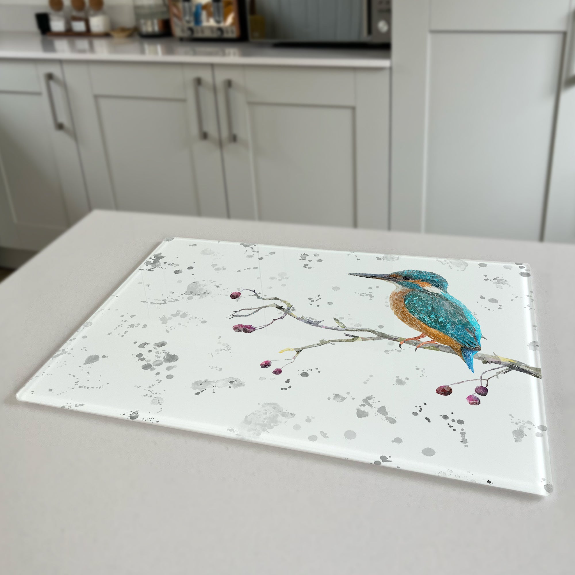 NEW! On the Lookout, The Kingfisher (grey background) Premium Glass Worktop Saver - Andy Thomas Artworks