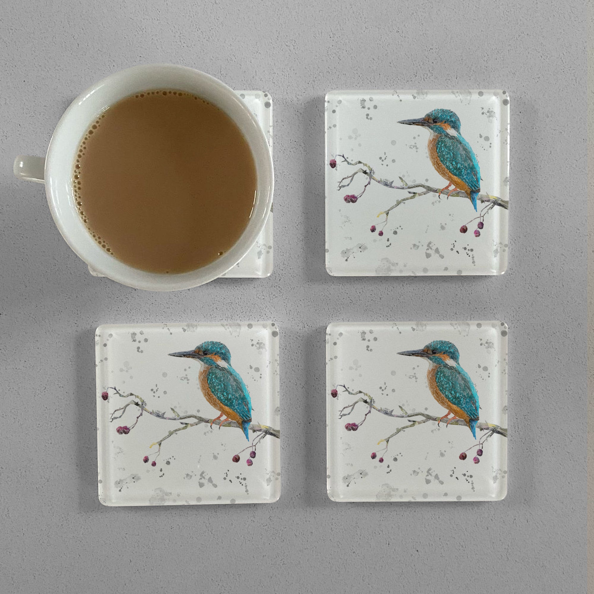 NEW! "On the Lookout" The Kingfisher (grey background) Premium Glass Coasters - Andy Thomas Artworks