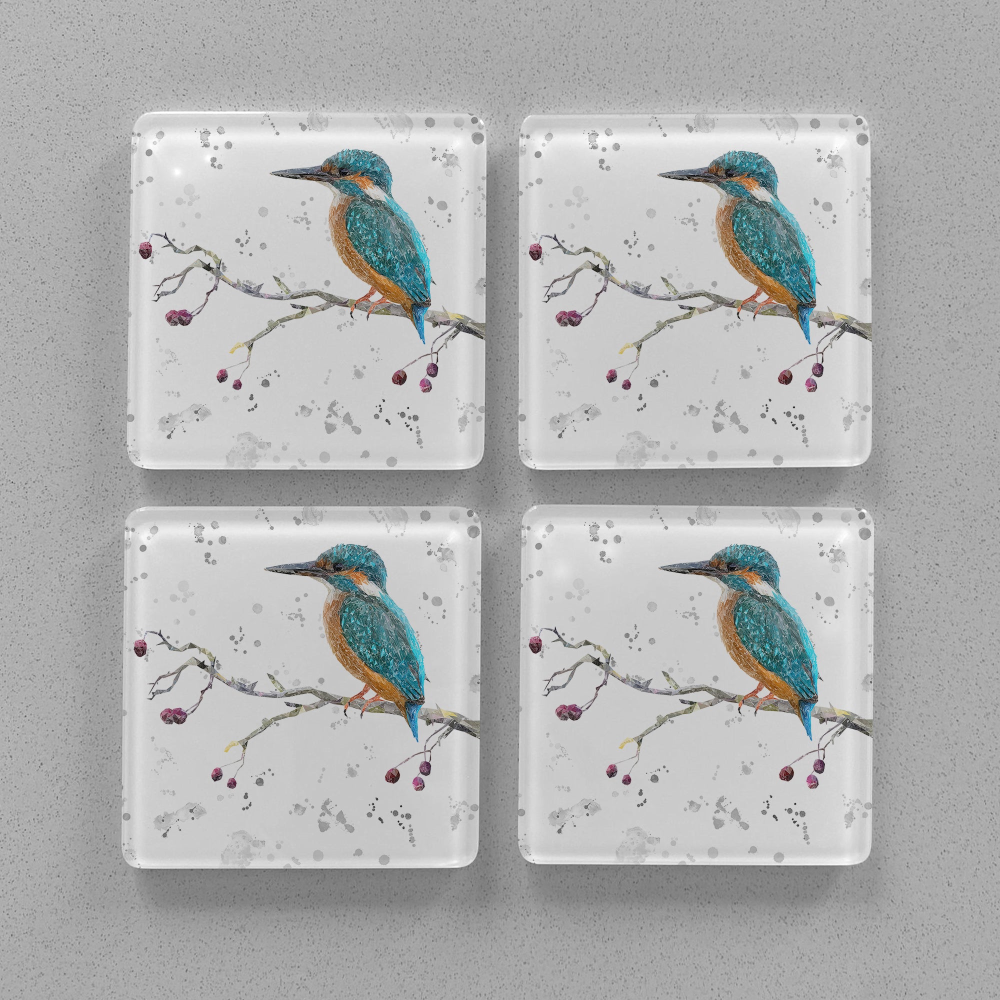 NEW! "On the Lookout" The Kingfisher (grey background) Premium Glass Coasters - Andy Thomas Artworks