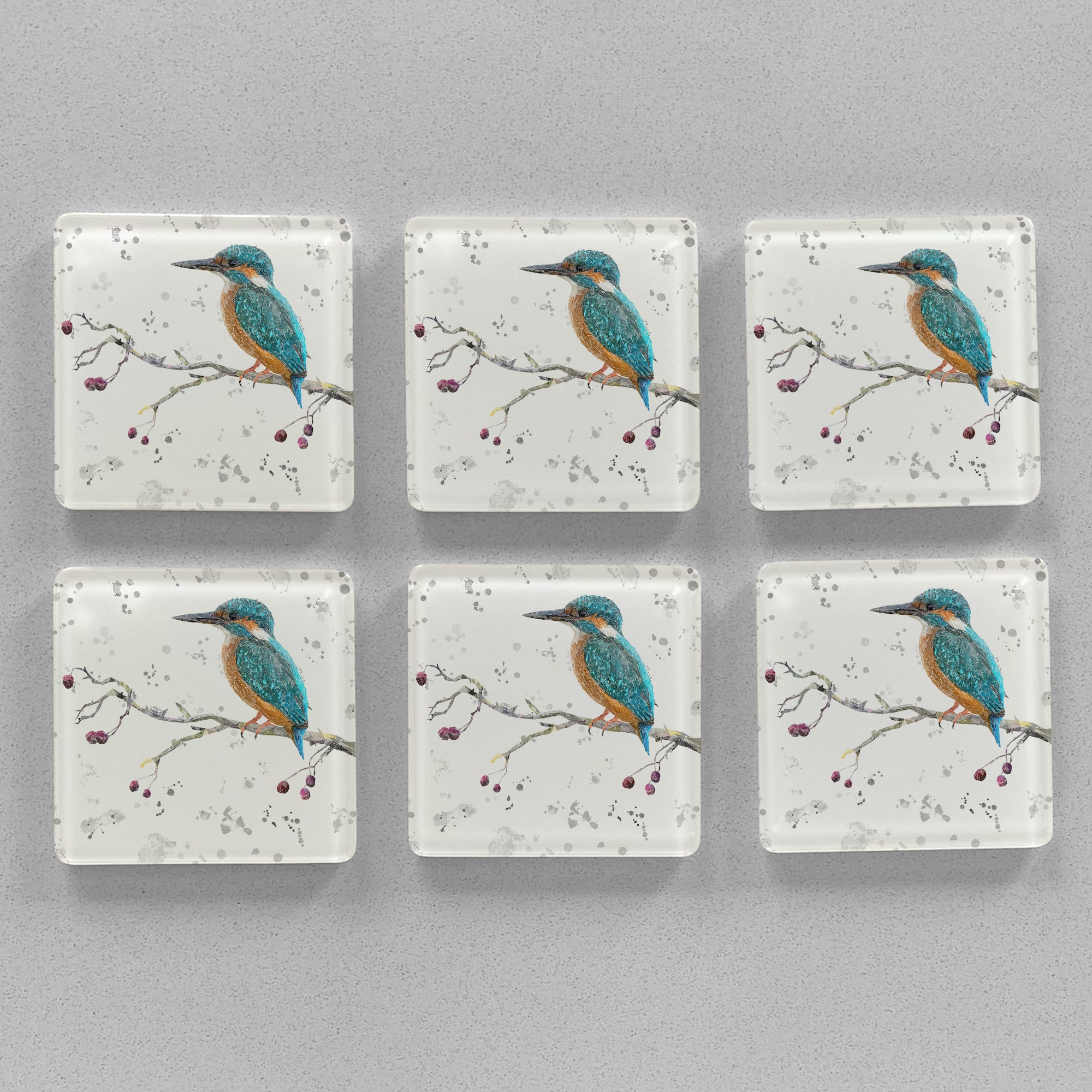 NEW! "On the Lookout" The Kingfisher (grey background) Premium Glass Coasters - Andy Thomas Artworks