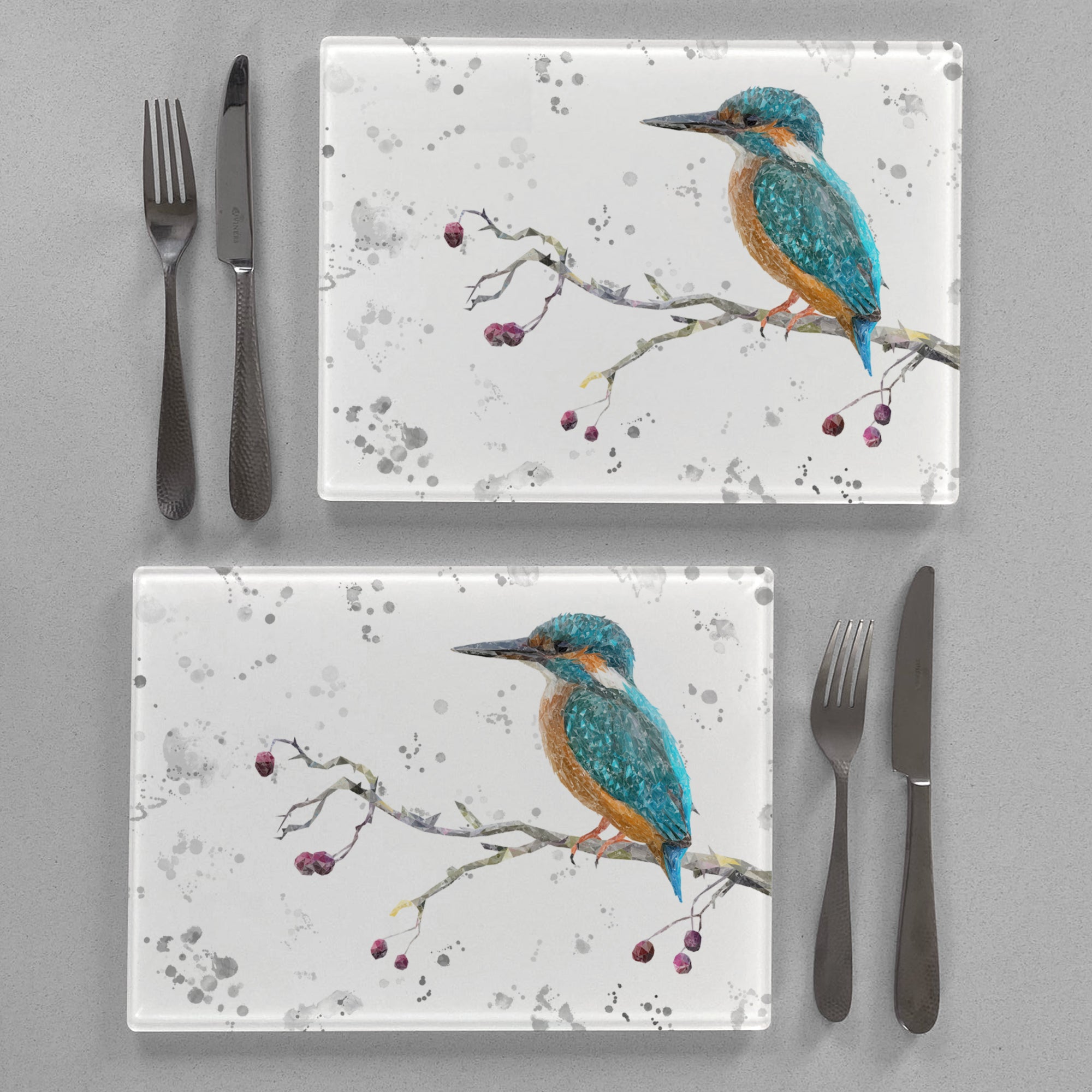 NEW! "On the Lookout" The Kingfisher (grey background) Premium Glass Placemat - Andy Thomas Artworks